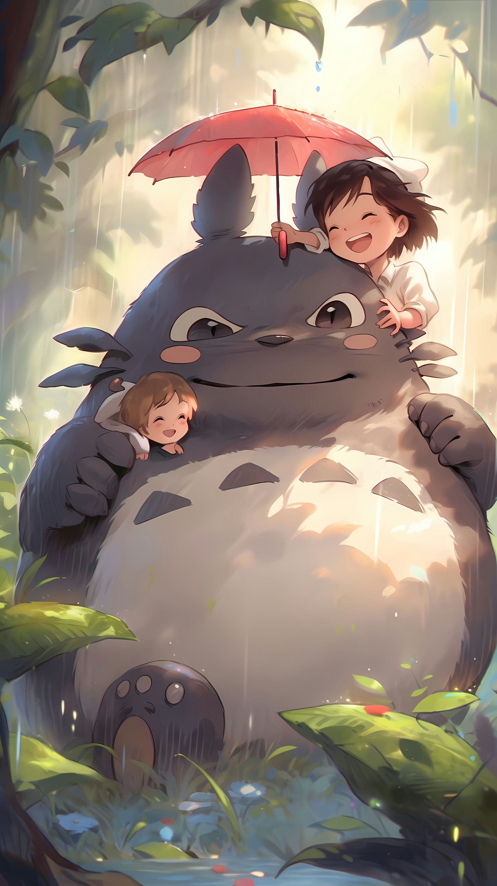 This enchanting anime wallpaper captures a heartwarming moment from the beloved Studio Ghibli film 'My Neighbor Totoro