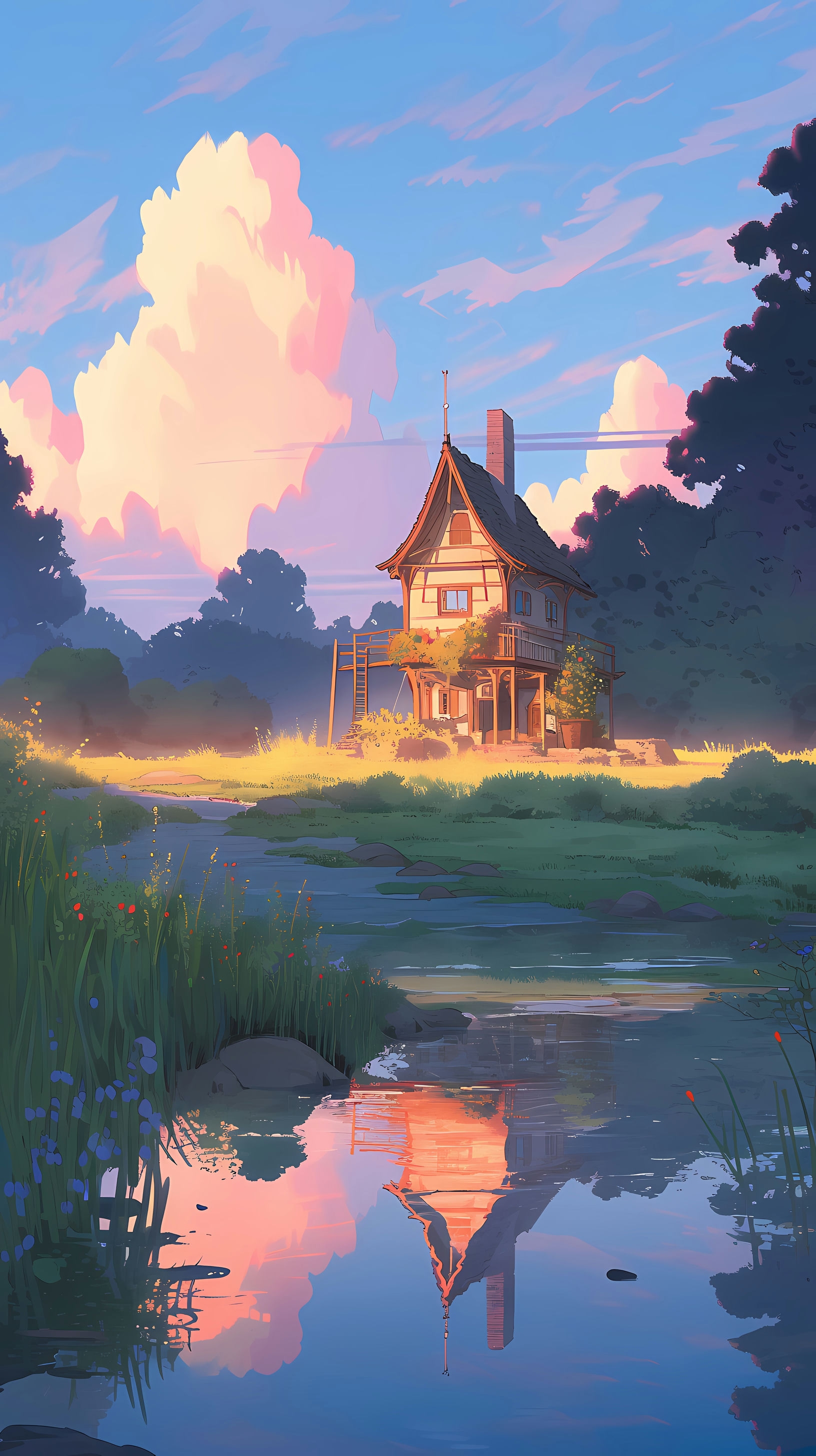 This enchanting anime wallpaper captures a serene evening landscape reminiscent of Studio Ghibli's iconic style