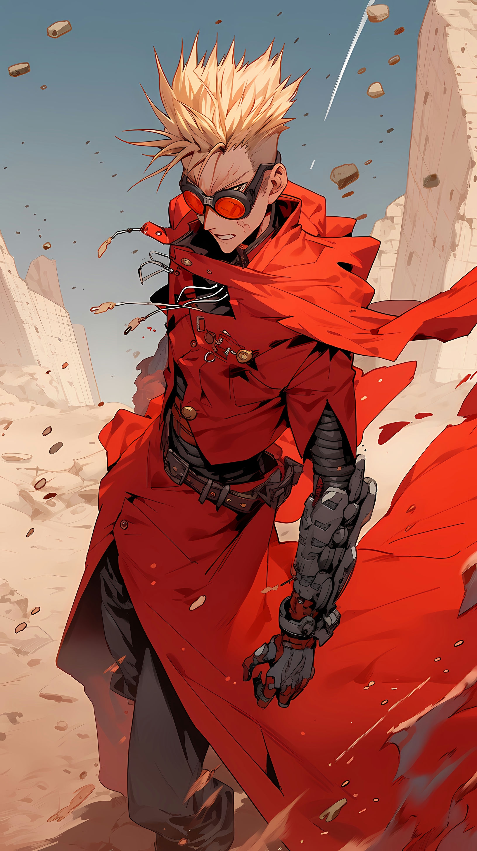 This anime wallpaper features Vash the Stampede, the iconic protagonist from the anime series Trigun, set against a dramatic Wild West desert backdrop