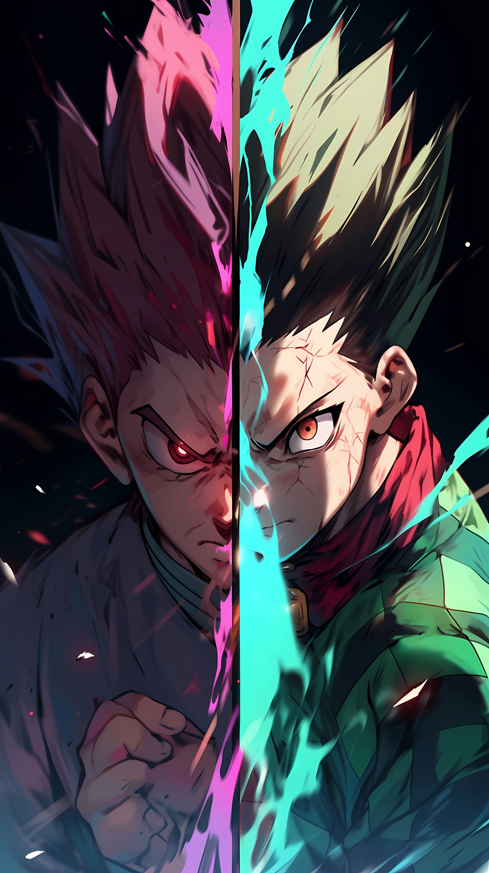 This anime wallpaper captures the intense and dramatic moment between Gon and Hisoka during their Nen duel in Hunter x Hunter
