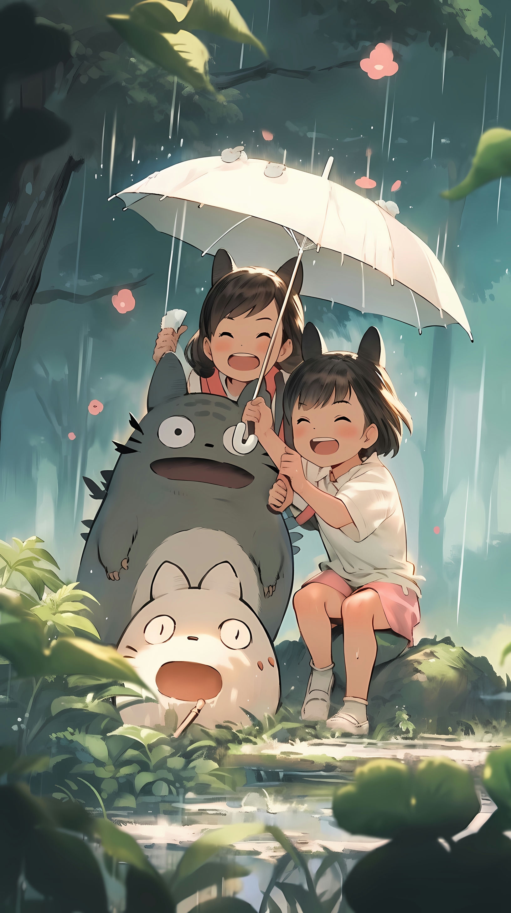 This enchanting anime wallpaper captures a heartwarming moment from the beloved Studio Ghibli film 'My Neighbor Totoro