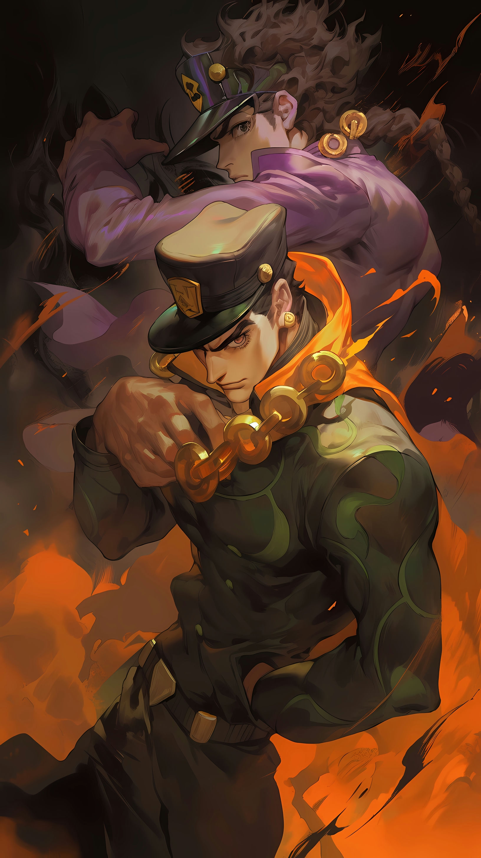 This anime wallpaper captures an intense and iconic moment from JoJo's Bizarre Adventure, featuring Jotaro Kujo and Dio Brando in a fierce battle