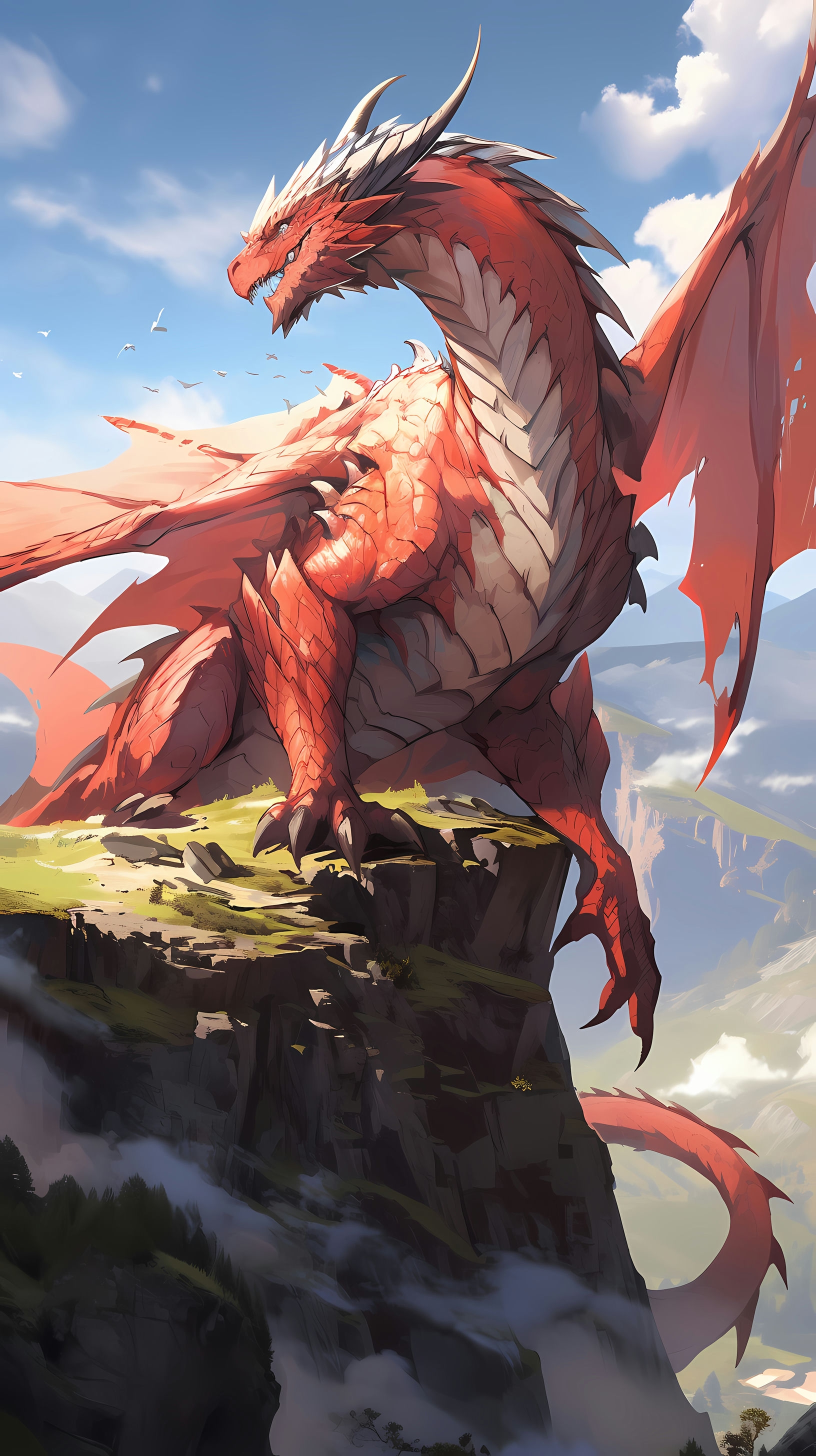 This anime wallpaper showcases a majestic red dragon perched atop a rugged mountain peak