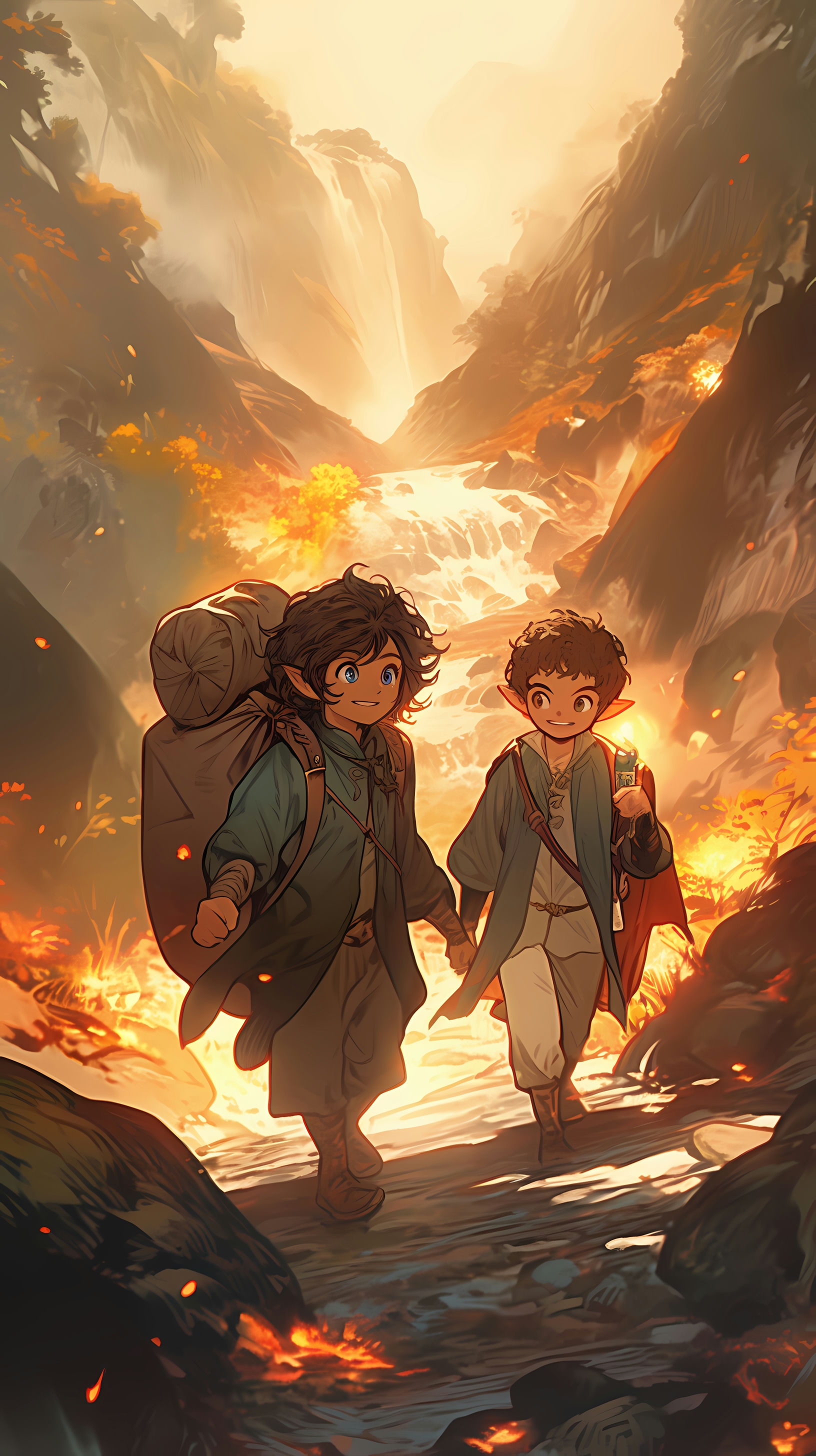 This captivating anime wallpaper depicts a pivotal scene from 'The Lord of the Rings' series, featuring Frodo Baggins and Samwise Gamgee on their perilous journey to Mordor