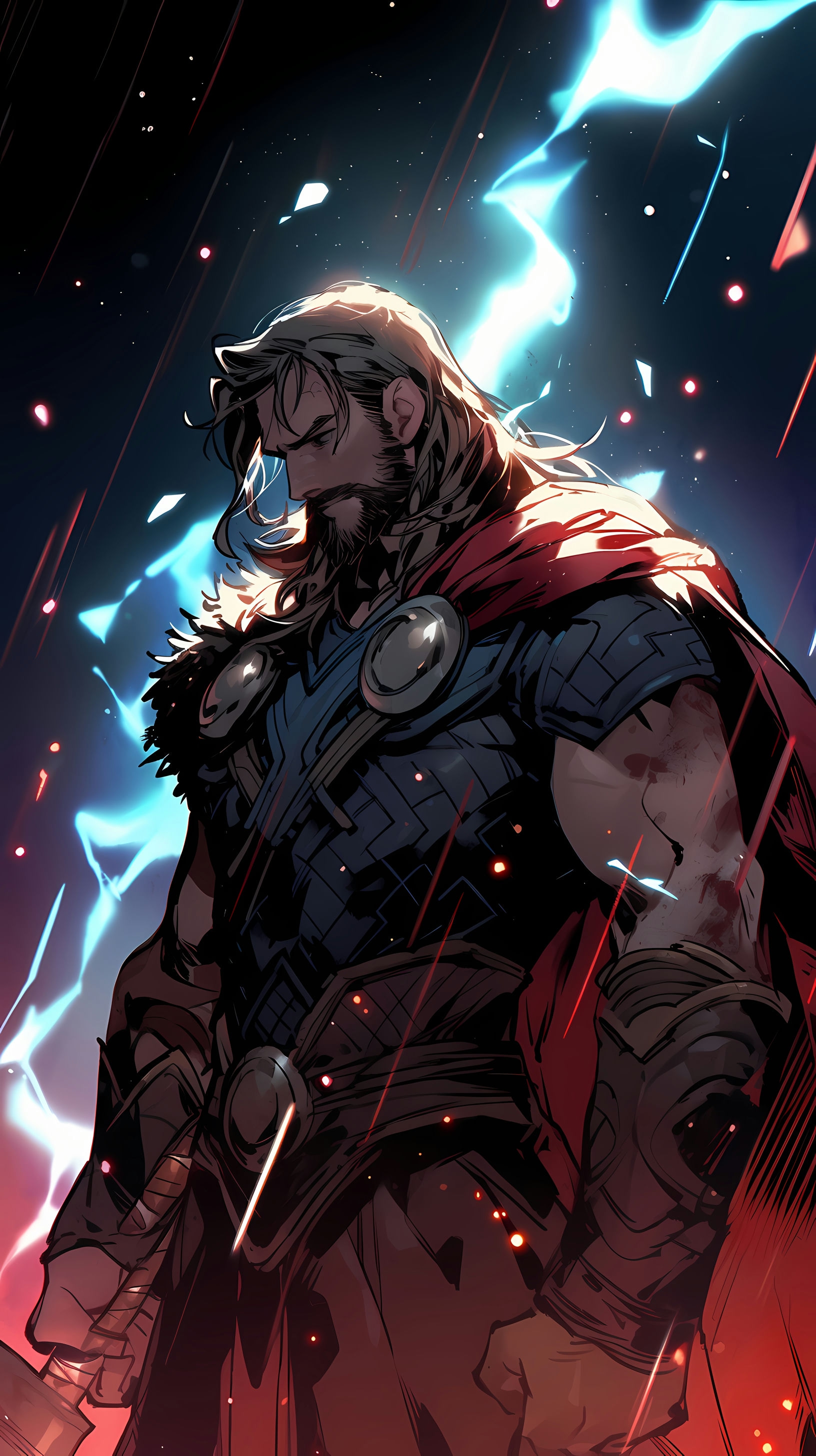 This anime wallpaper features the mighty Thor, the God of Thunder, standing majestically amidst the celestial backdrop of Asgard