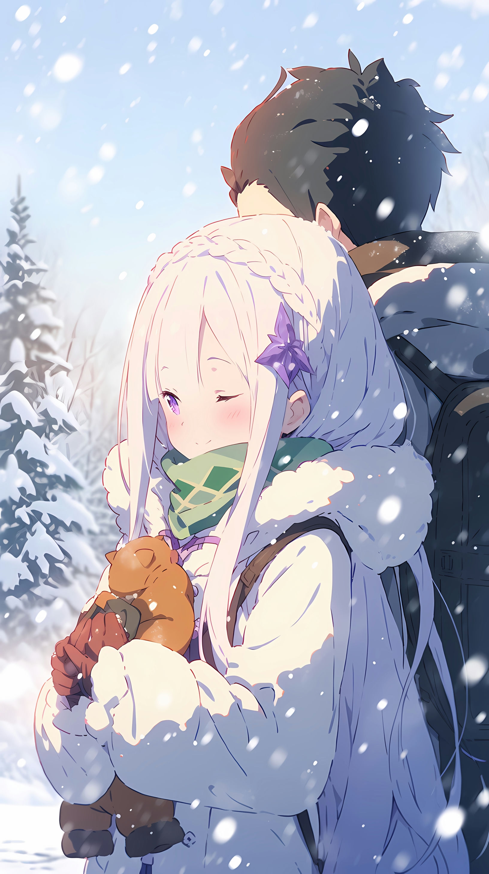 This enchanting anime wallpaper captures a serene winter scene featuring Subaru Natsuki and Emilia from the popular series 'Re:Zero - Starting Life in Another World