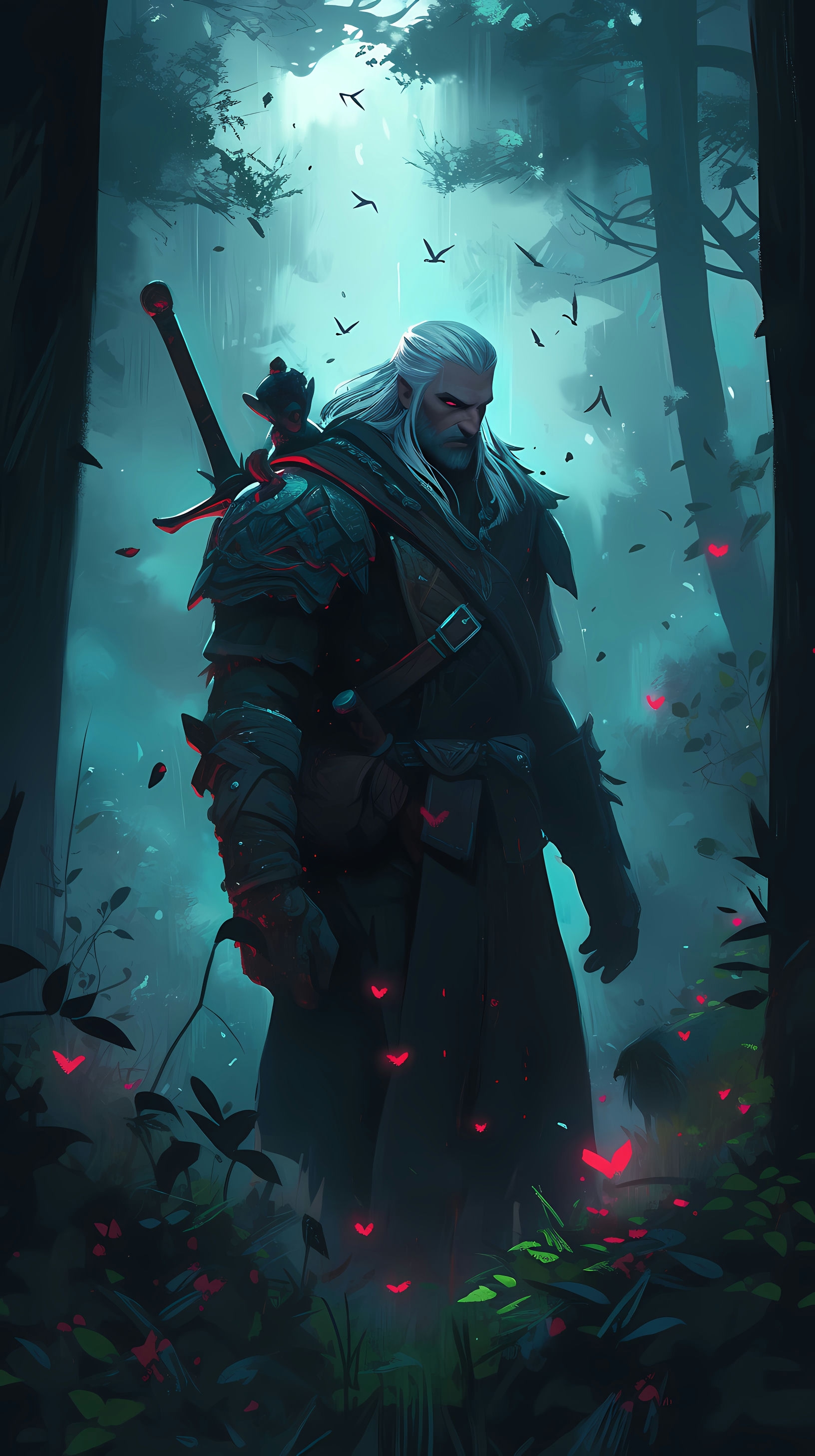 This captivating anime wallpaper features Geralt of Rivia, the iconic protagonist from The Witcher series, standing resolute in a dark and enchanted forest