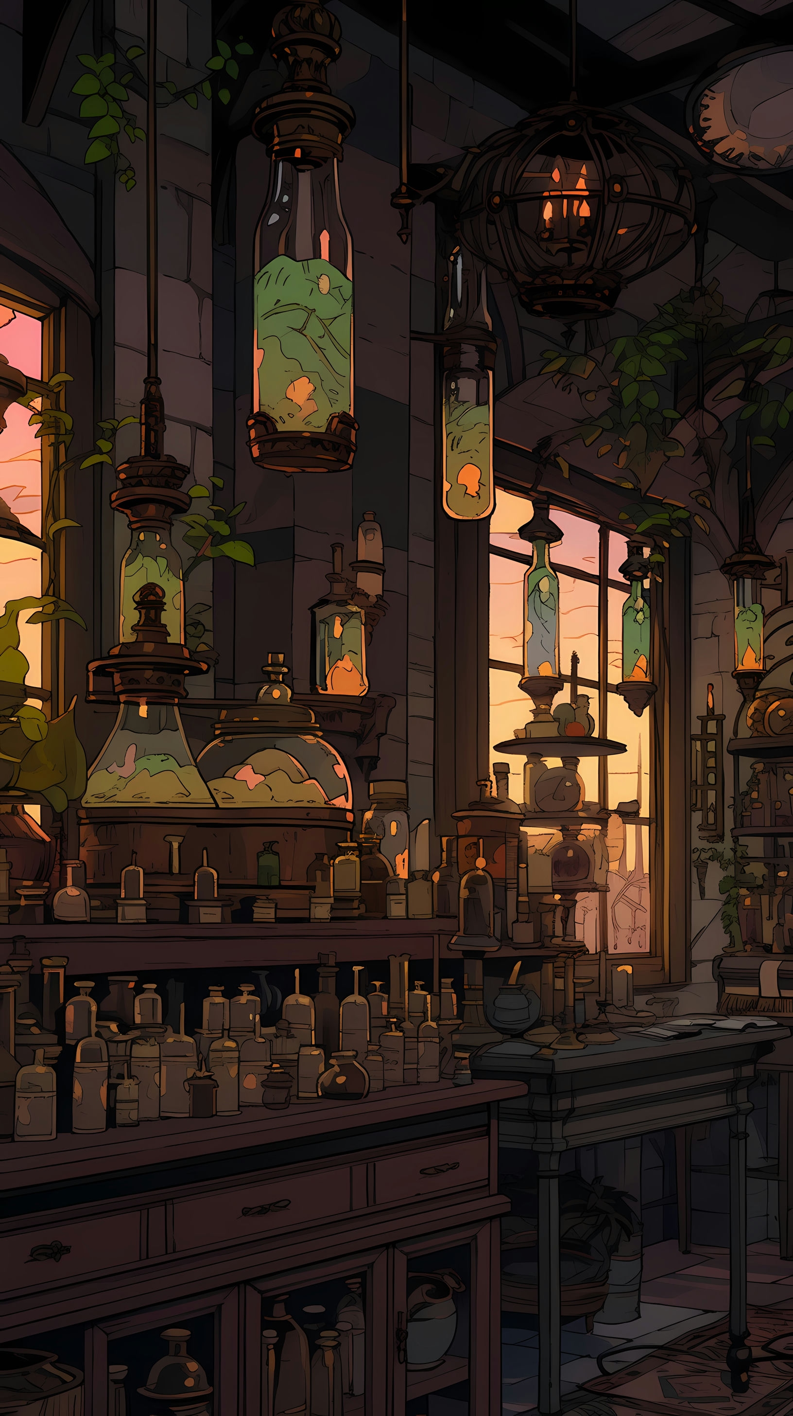 This anime wallpaper captures the essence of an ancient alchemist's lab, filled with mysterious potions and symbols