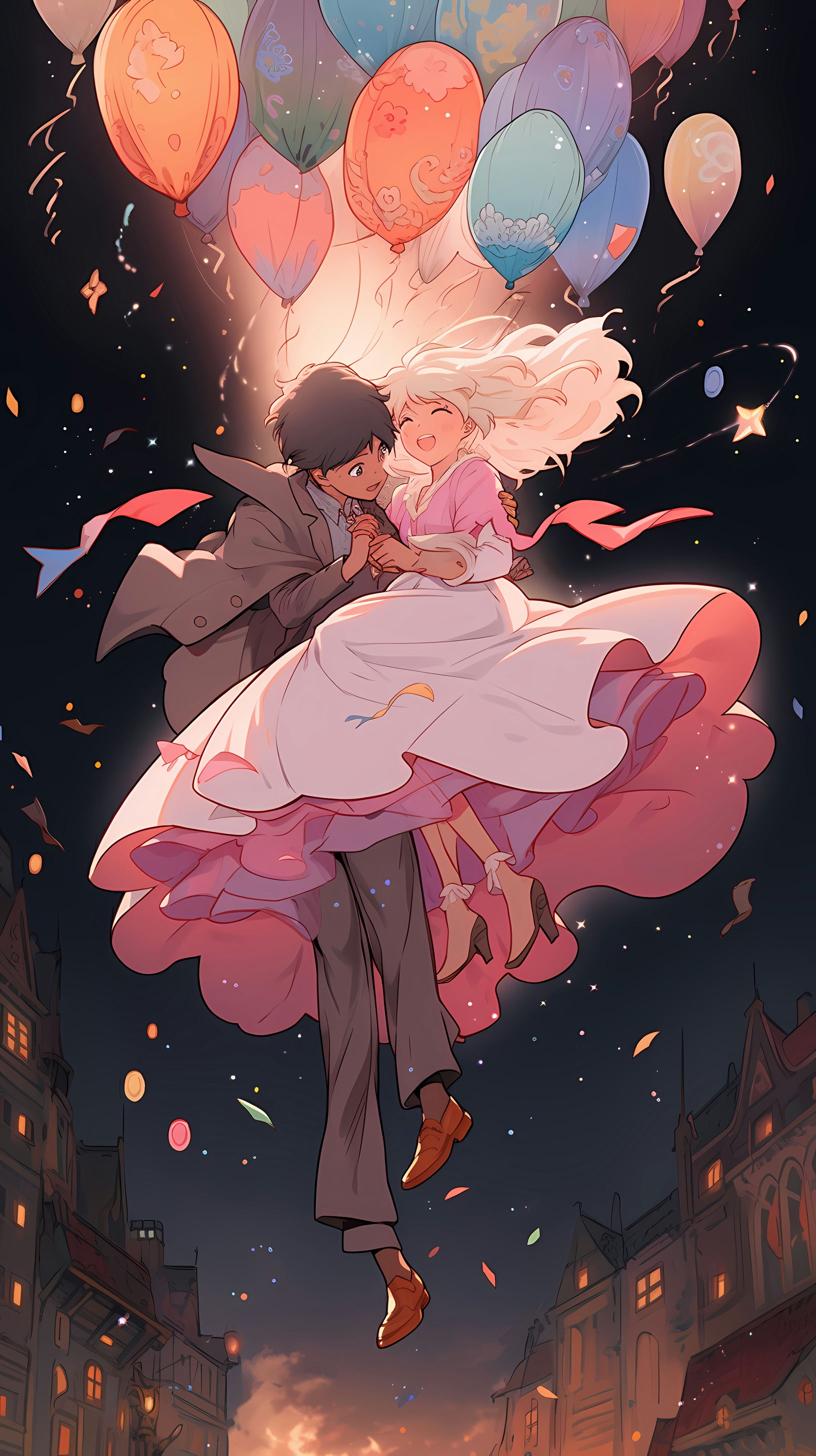 This enchanting anime wallpaper captures a magical moment between Howl and Sophie from the beloved Studio Ghibli film 'Howl's Moving Castle