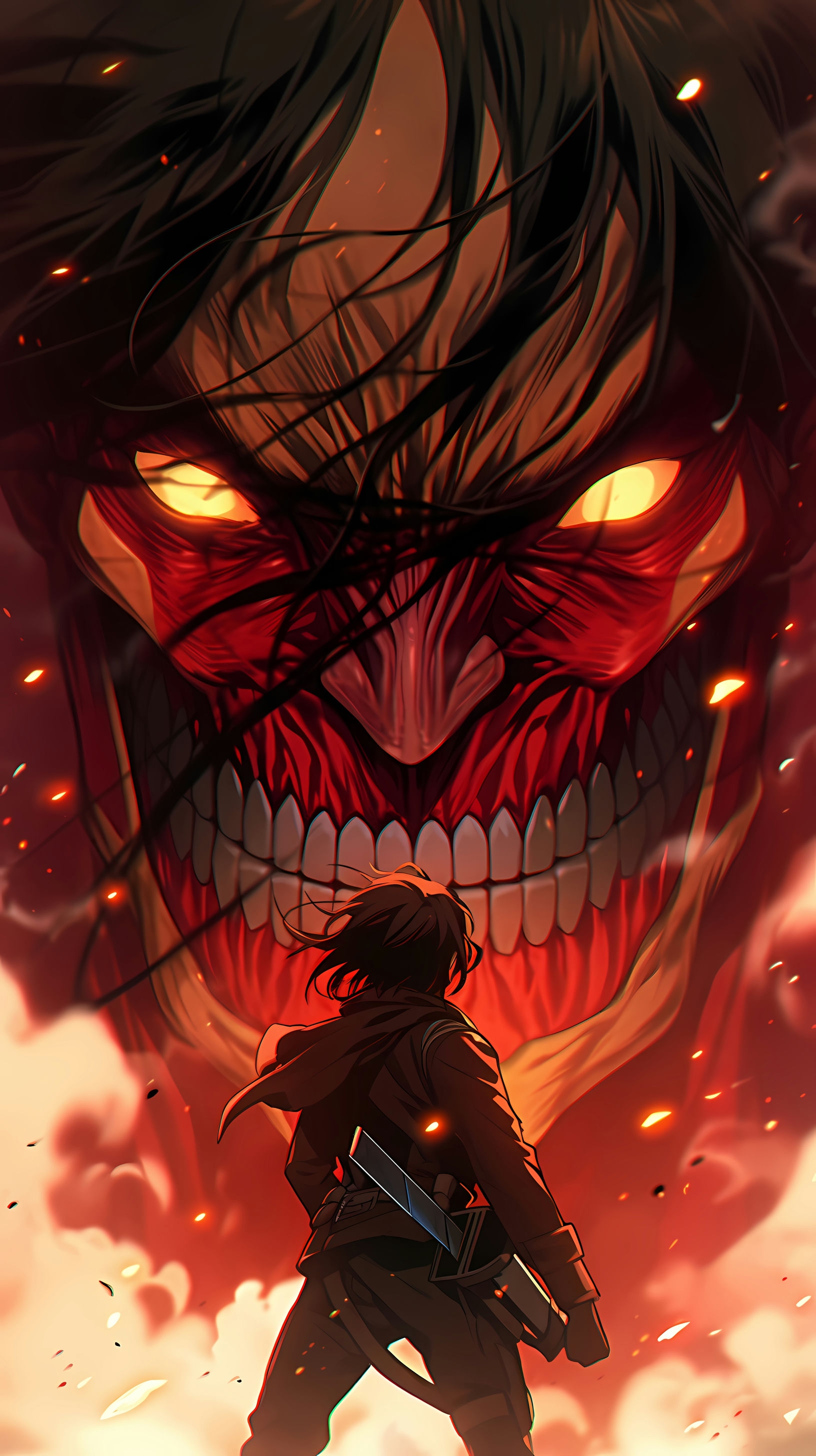 This anime wallpaper captures a dramatic scene from 'Attack on Titan,' featuring the protagonist Eren Yeager standing defiantly in front of a towering Colossal Titan
