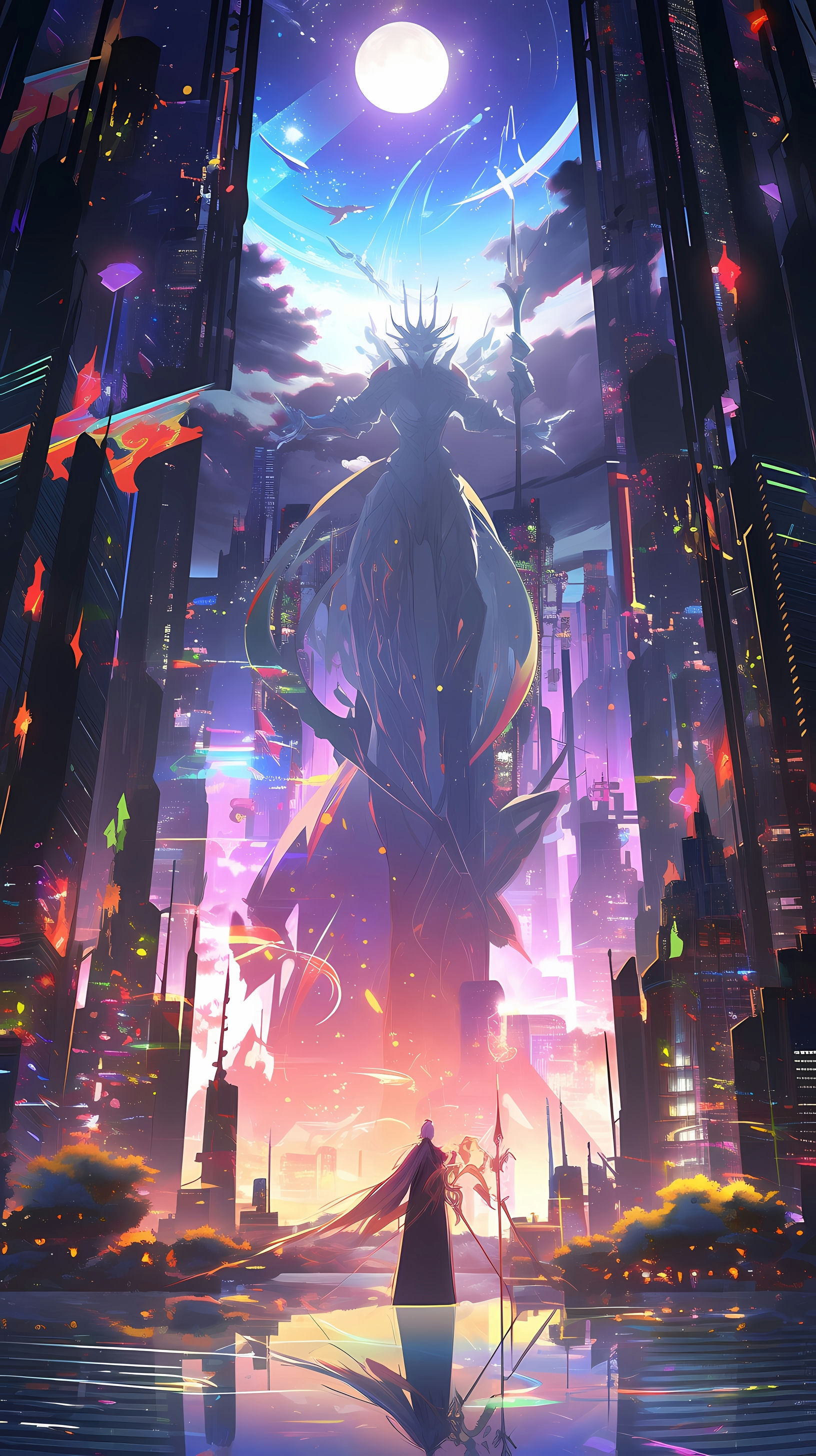 This anime wallpaper captures a dramatic scene from Code Geass, featuring the iconic character Lelouch Lamperouge in a futuristic cityscape
