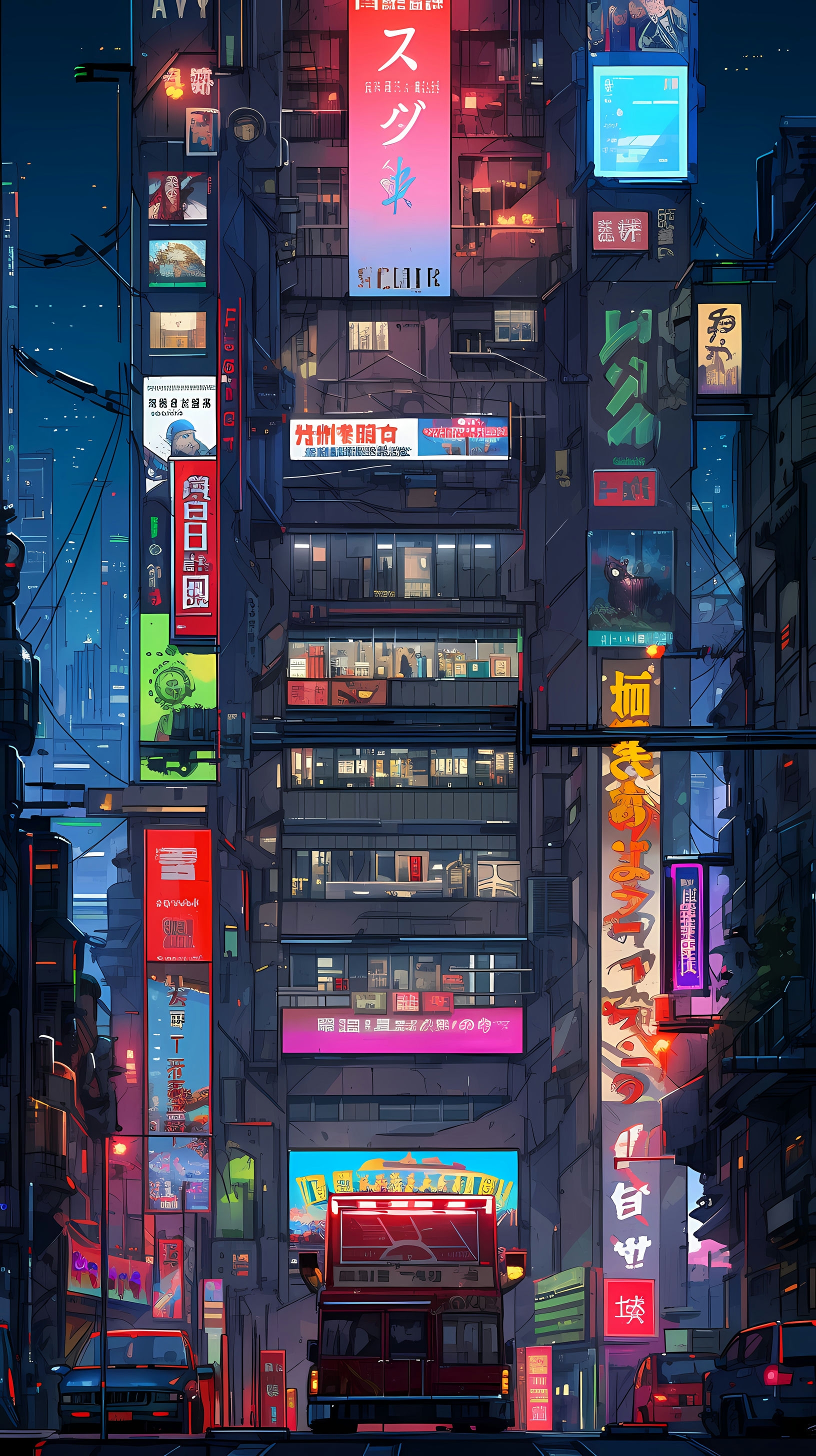 This anime wallpaper captures the vibrant and futuristic cityscape of Tokyo-3 from the popular series 'Neon Genesis Evangelion'
