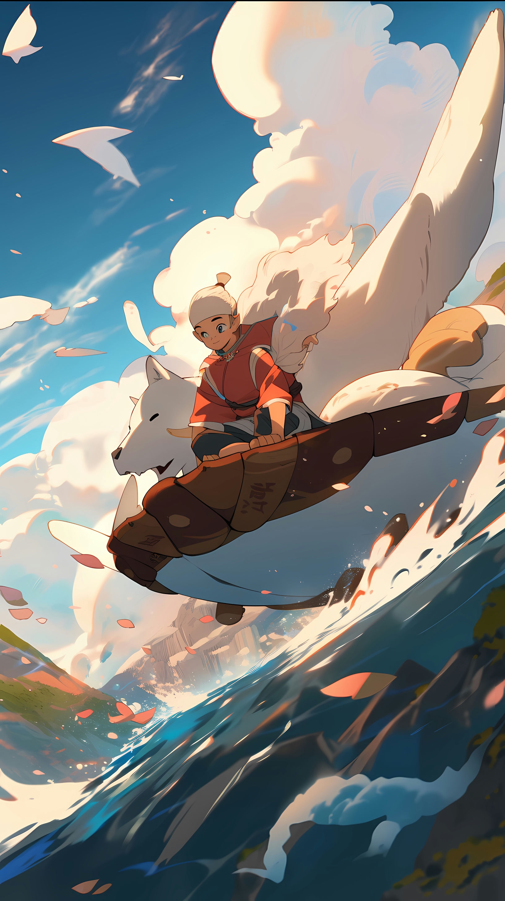 This captivating anime wallpaper features Aang, the young and brave protagonist from 'Avatar: The Last Airbender,' soaring through the sky on his loyal flying bison, Appa