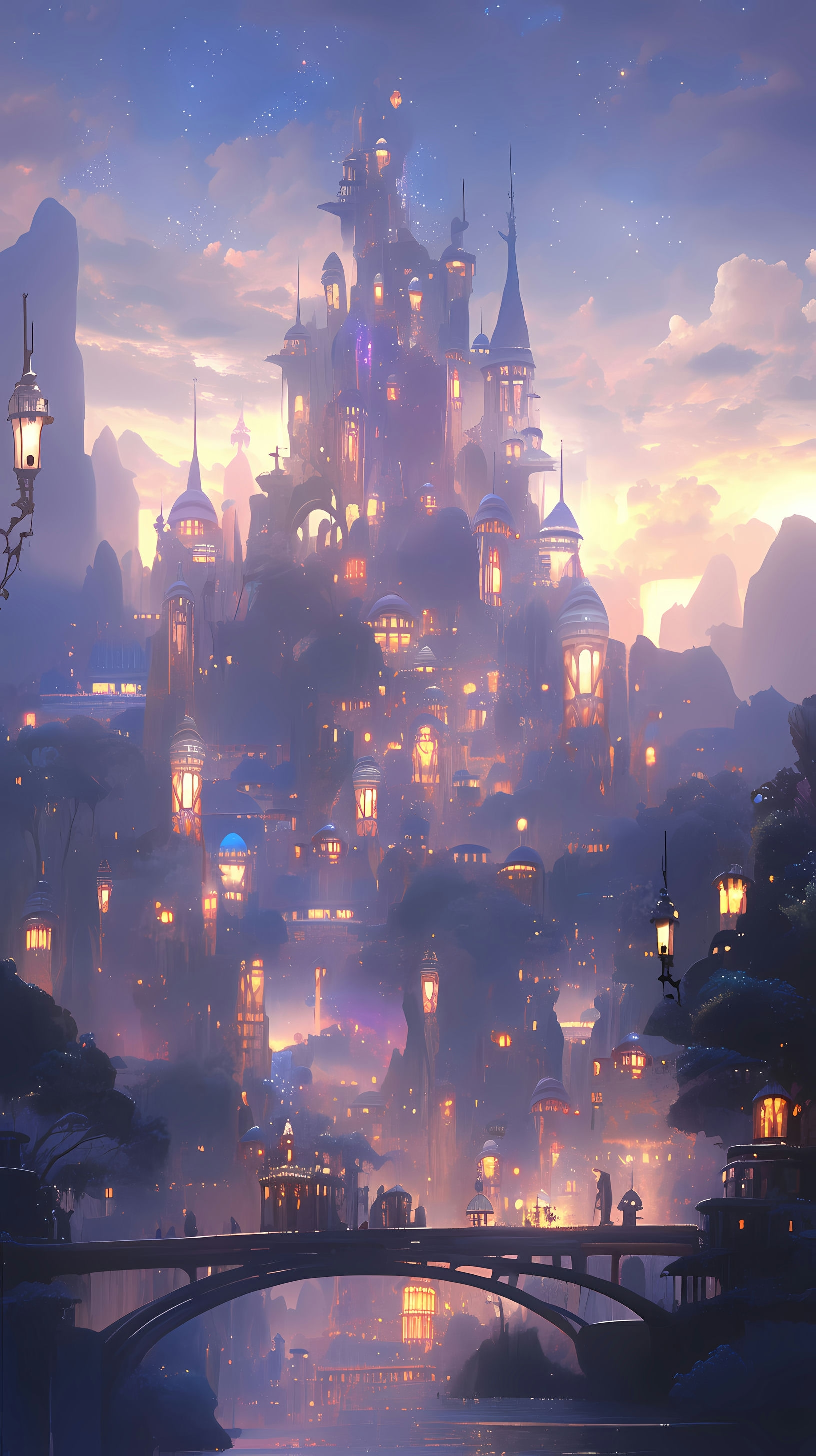 This enchanting anime wallpaper captures the ethereal beauty of a grand elven city bathed in the soft glow of twilight