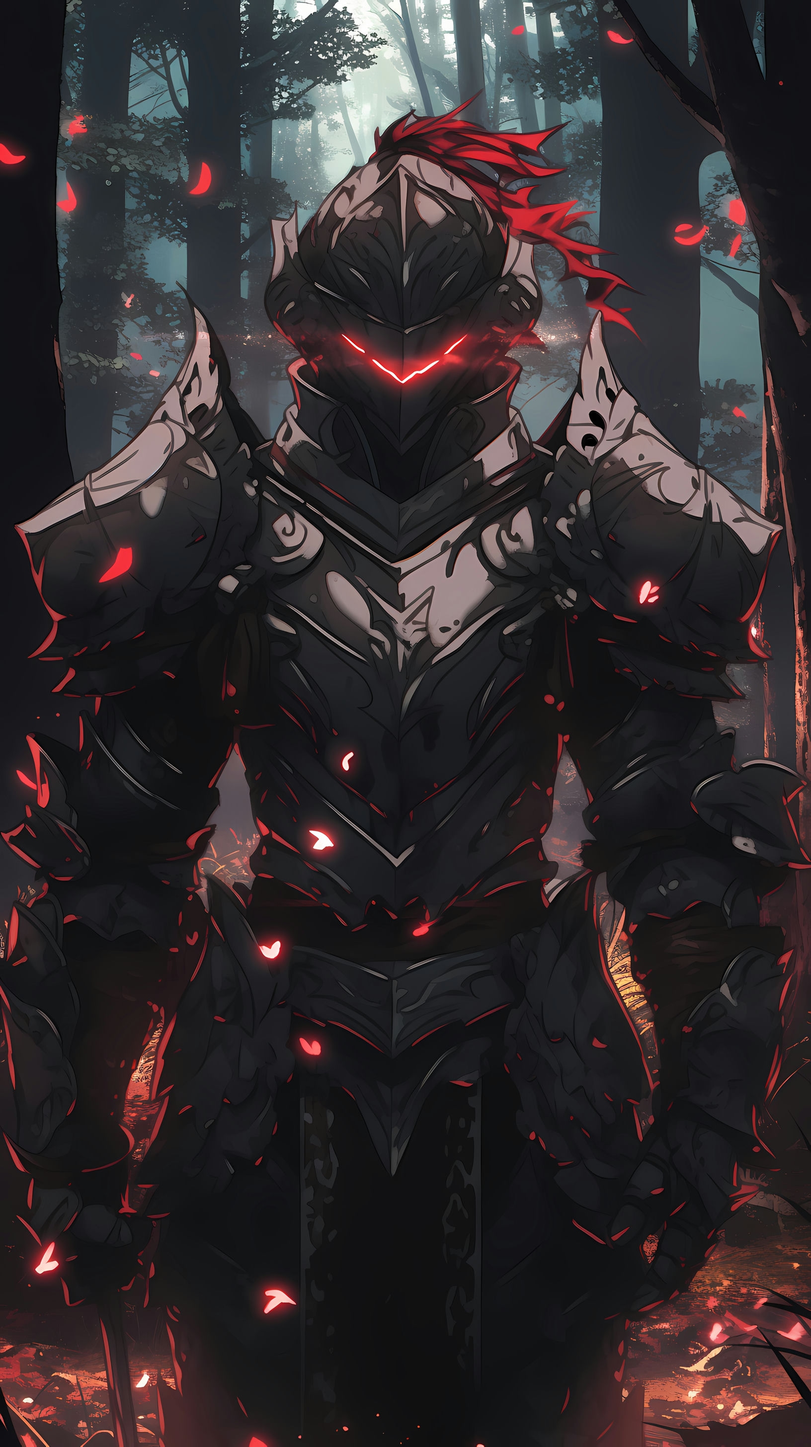 This anime wallpaper features the iconic character Goblin Slayer, clad in his signature dark armor, standing amidst a mysterious and eerie forest