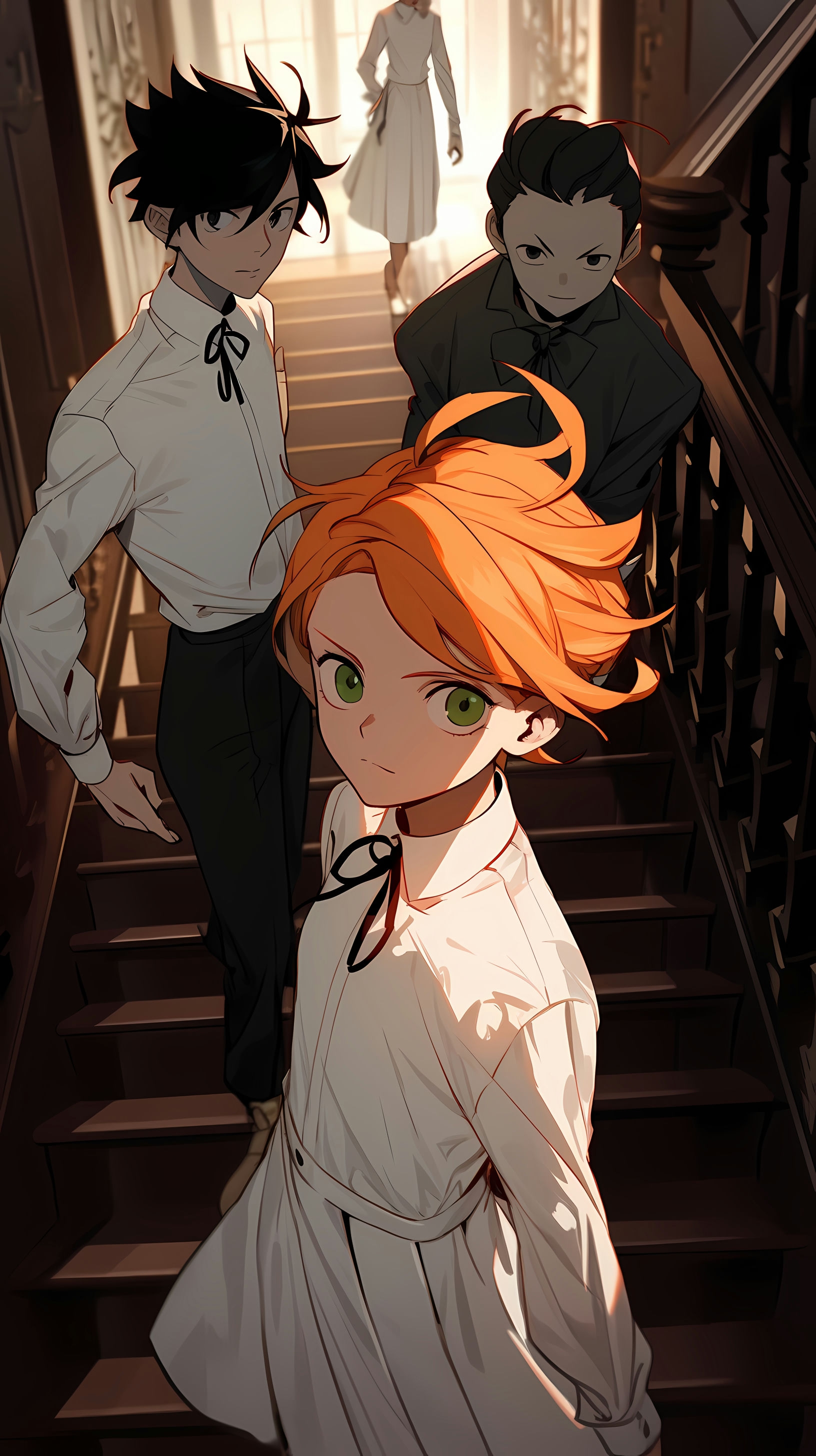 This anime wallpaper captures a poignant moment from 'The Promised Neverland,' featuring the main characters Emma, Ray, and Norman
