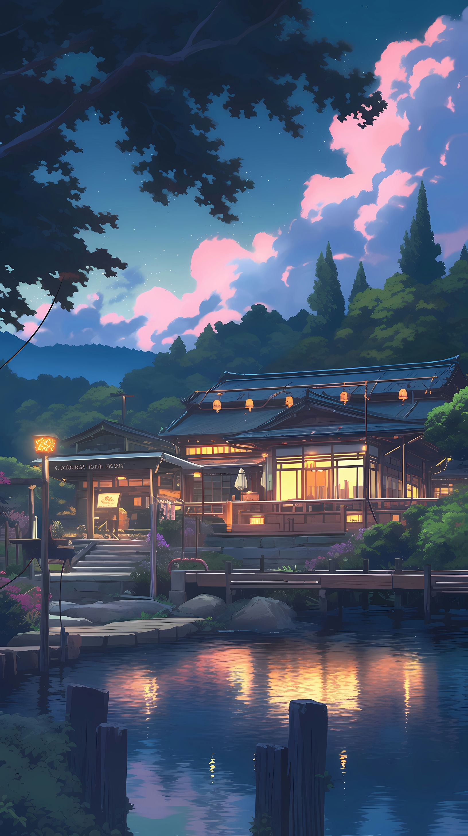This enchanting anime wallpaper captures a serene landscape at dusk, reminiscent of the whimsical artistry of Studio Ghibli