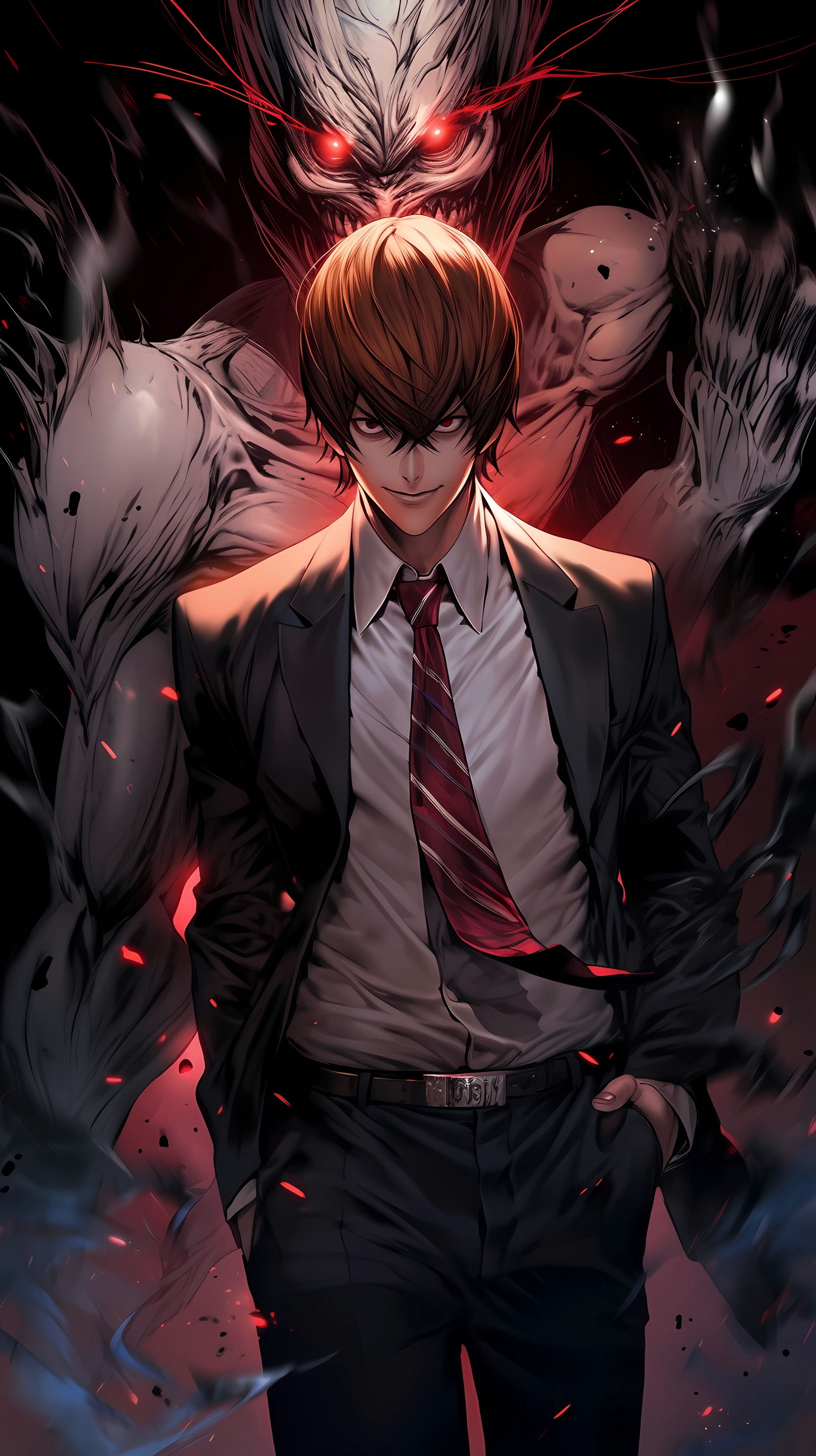 This anime wallpaper features Light Yagami, the protagonist of Death Note, in a dramatic and intense pose