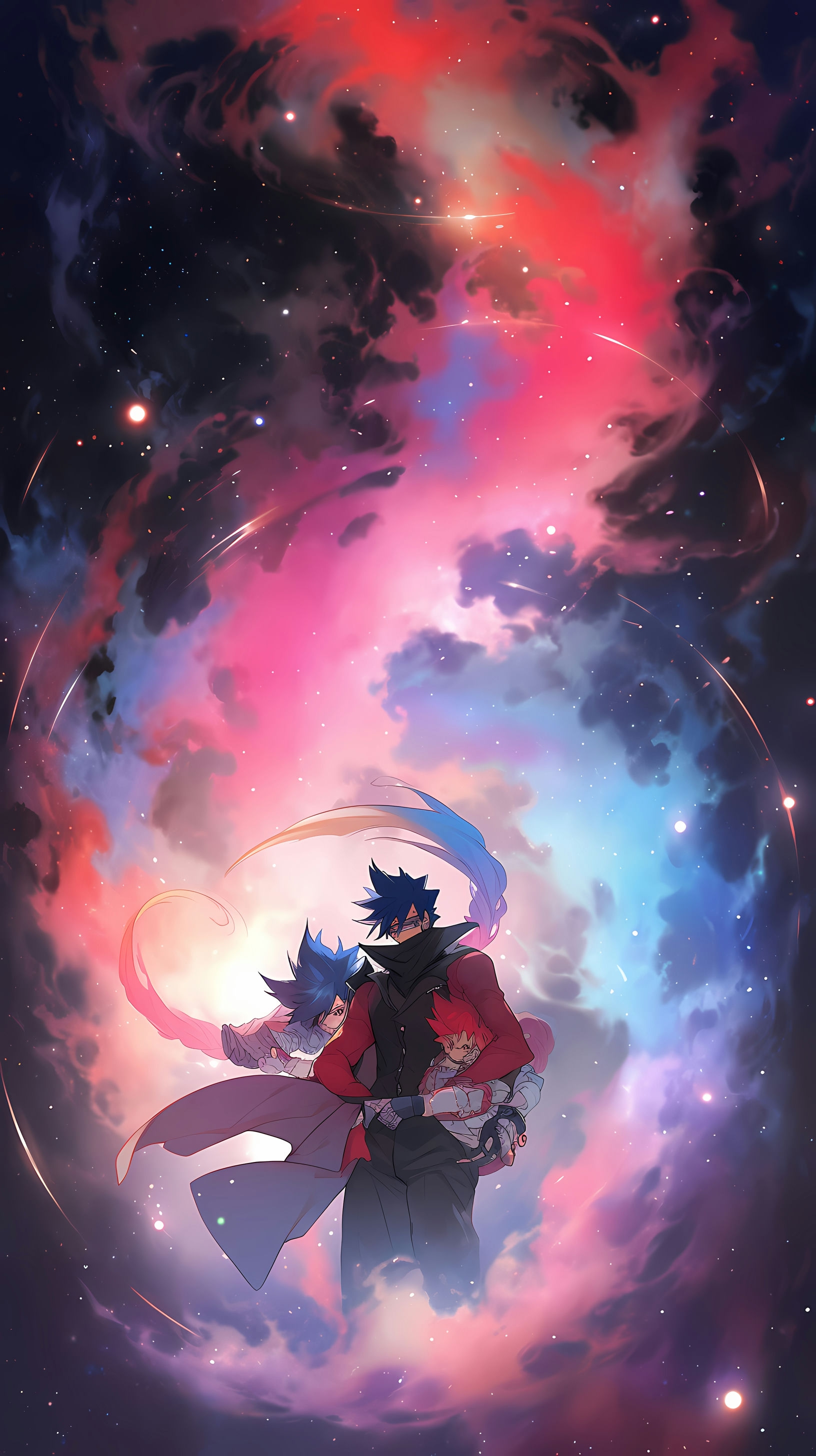 This captivating anime wallpaper features Simon and Kamina, iconic characters from Tengen Toppa Gurren Lagann, standing in the foreground against a breathtaking backdrop of a spiral galaxy