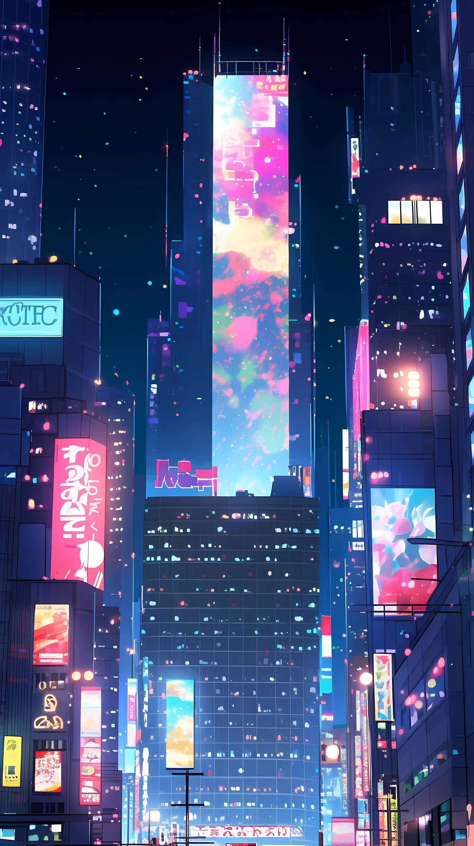This anime wallpaper captures the vibrant and bustling skyline of Ikebukuro at night, illuminated by a myriad of neon lights and billboards