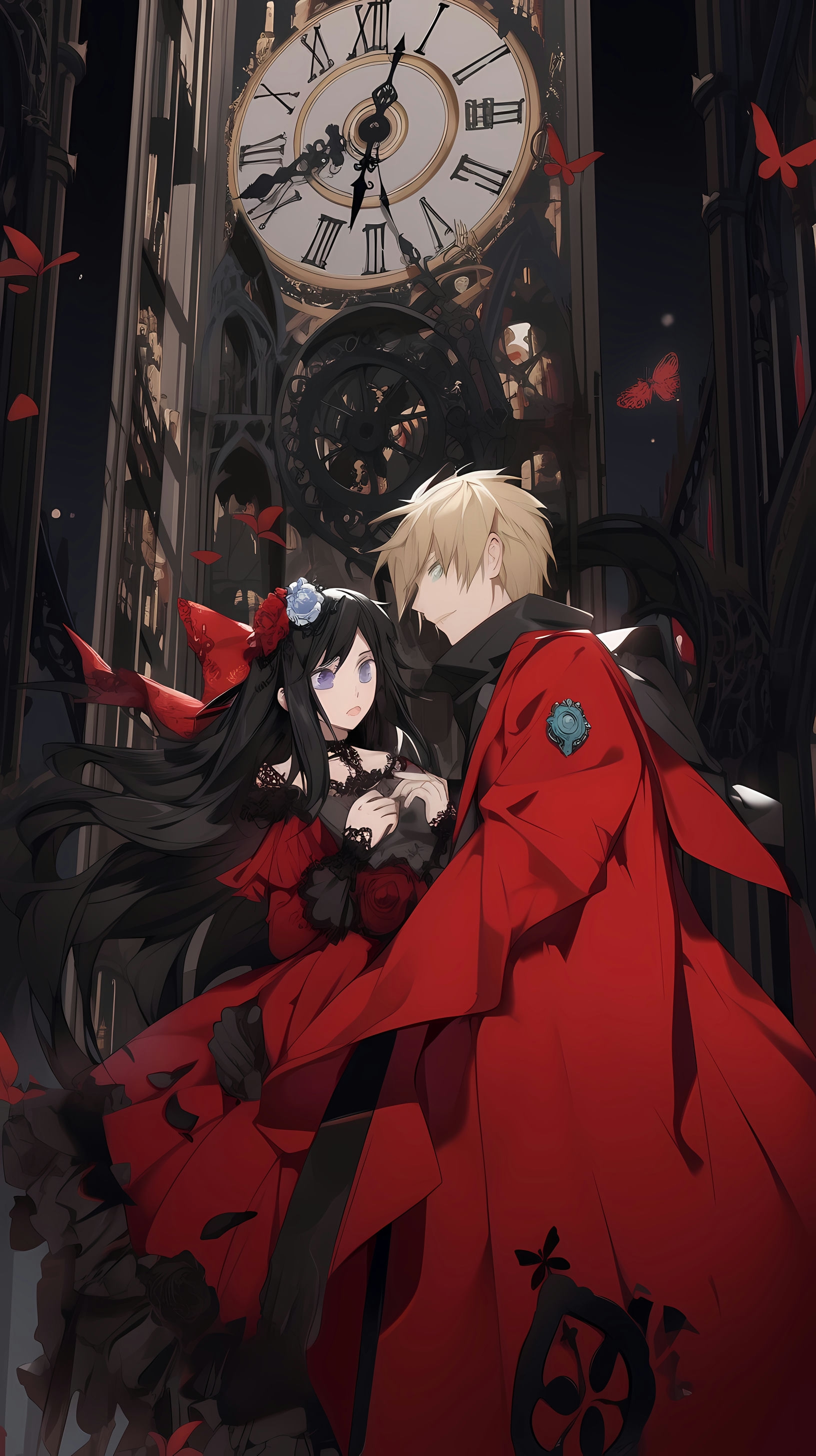 This captivating anime wallpaper features two iconic characters, Oz and Alice, standing in front of a grand and imposing clock tower