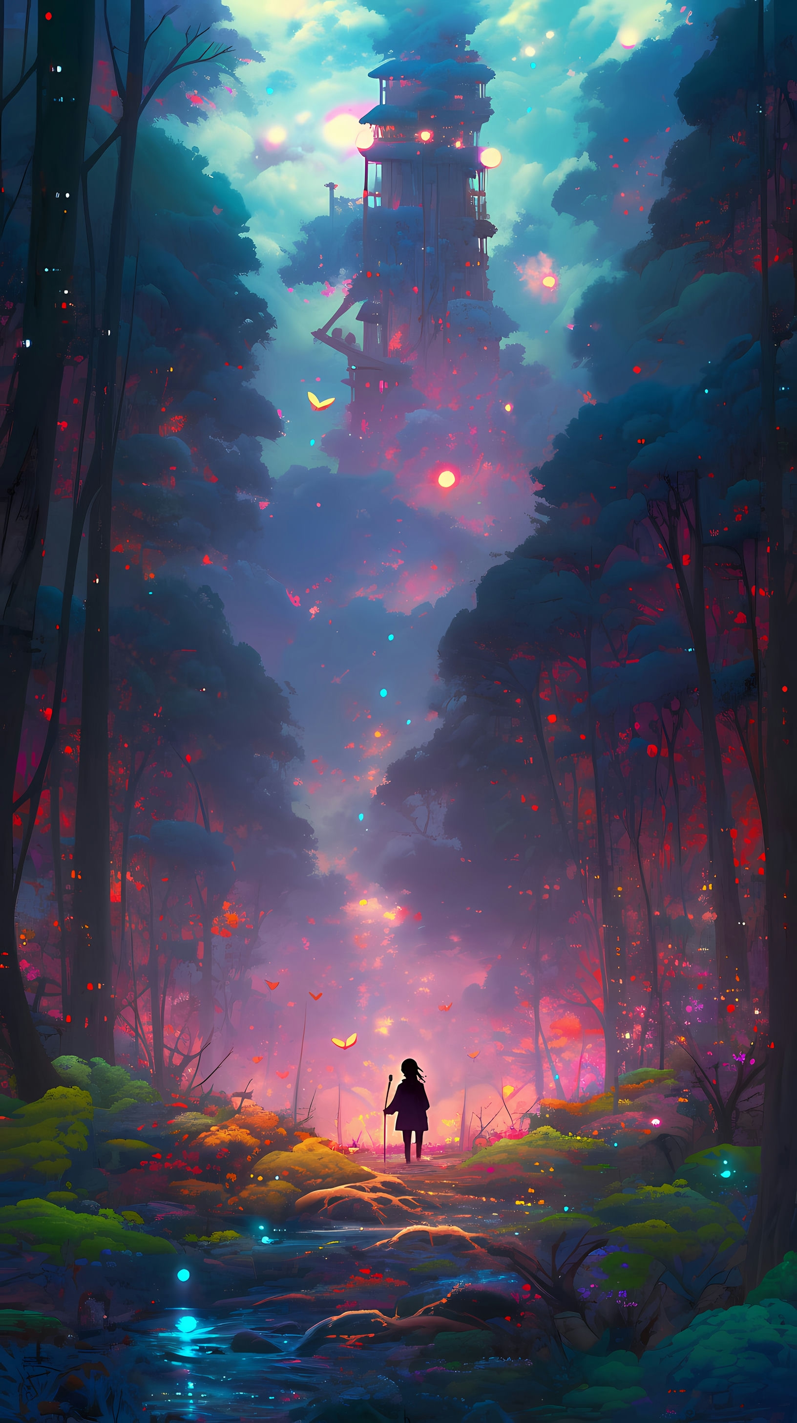 This enchanting anime wallpaper captures the essence of a mystical forest illuminated by an ethereal glow