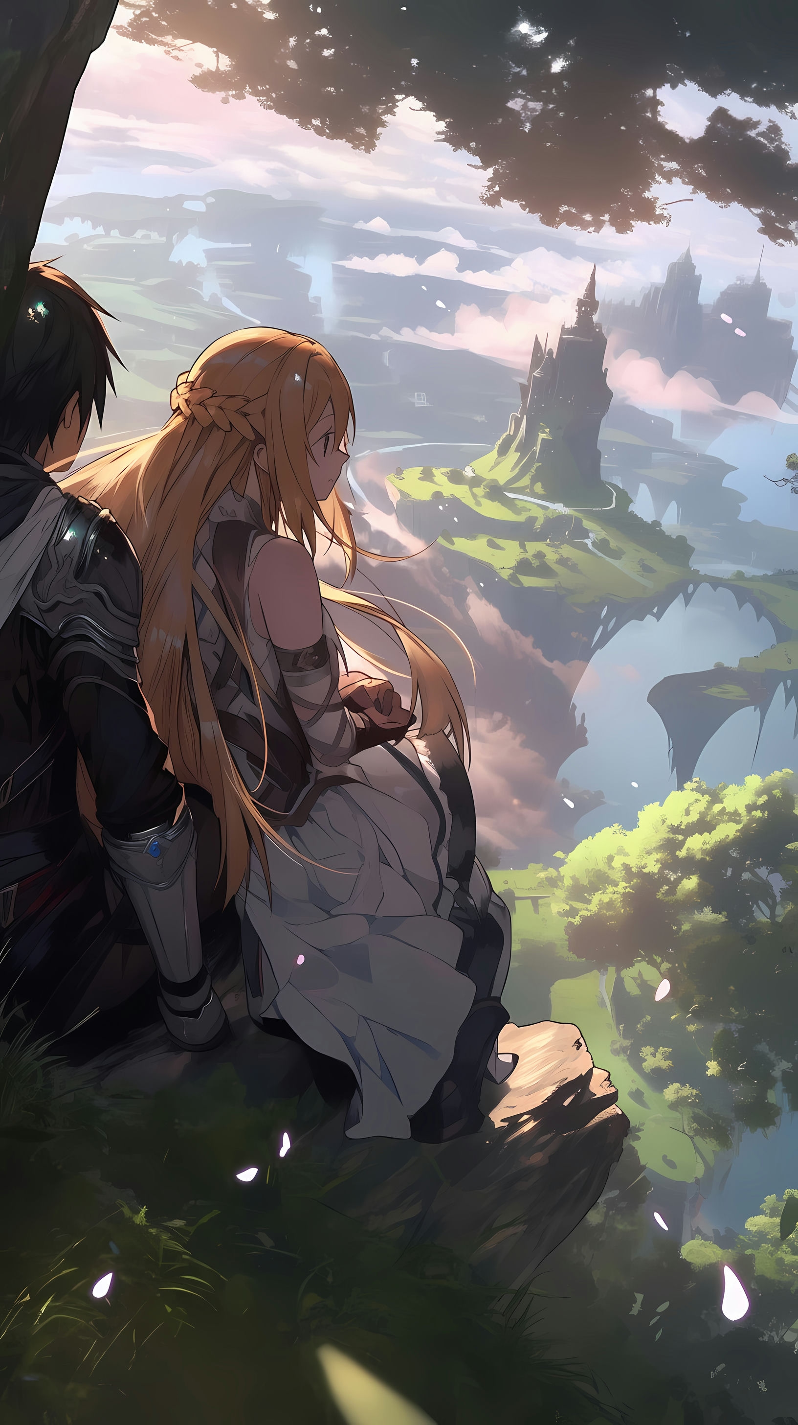 This captivating anime wallpaper features Kirito and Asuna, iconic characters from Sword Art Online, as they stand at the edge of a cliff, overlooking the sprawling landscape of Aincrad