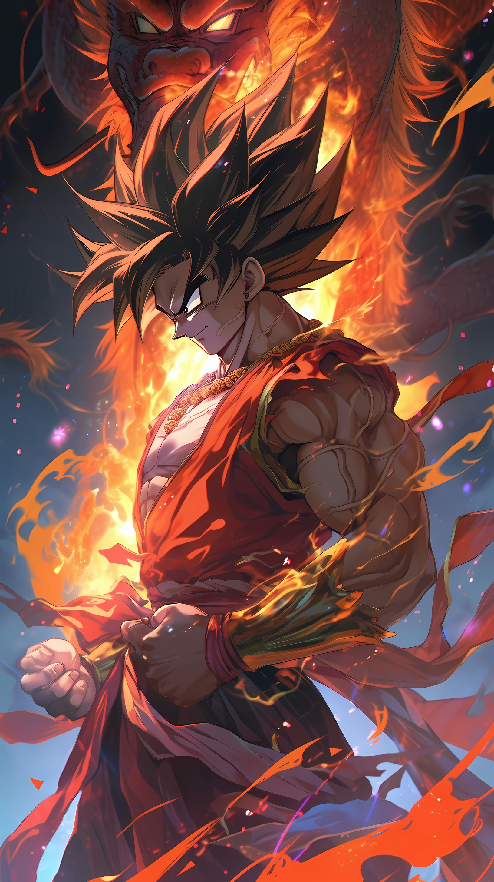 This anime wallpaper captures a dramatic moment from Dragon Ball Z, where the iconic character Goku summons the powerful dragon Shenron