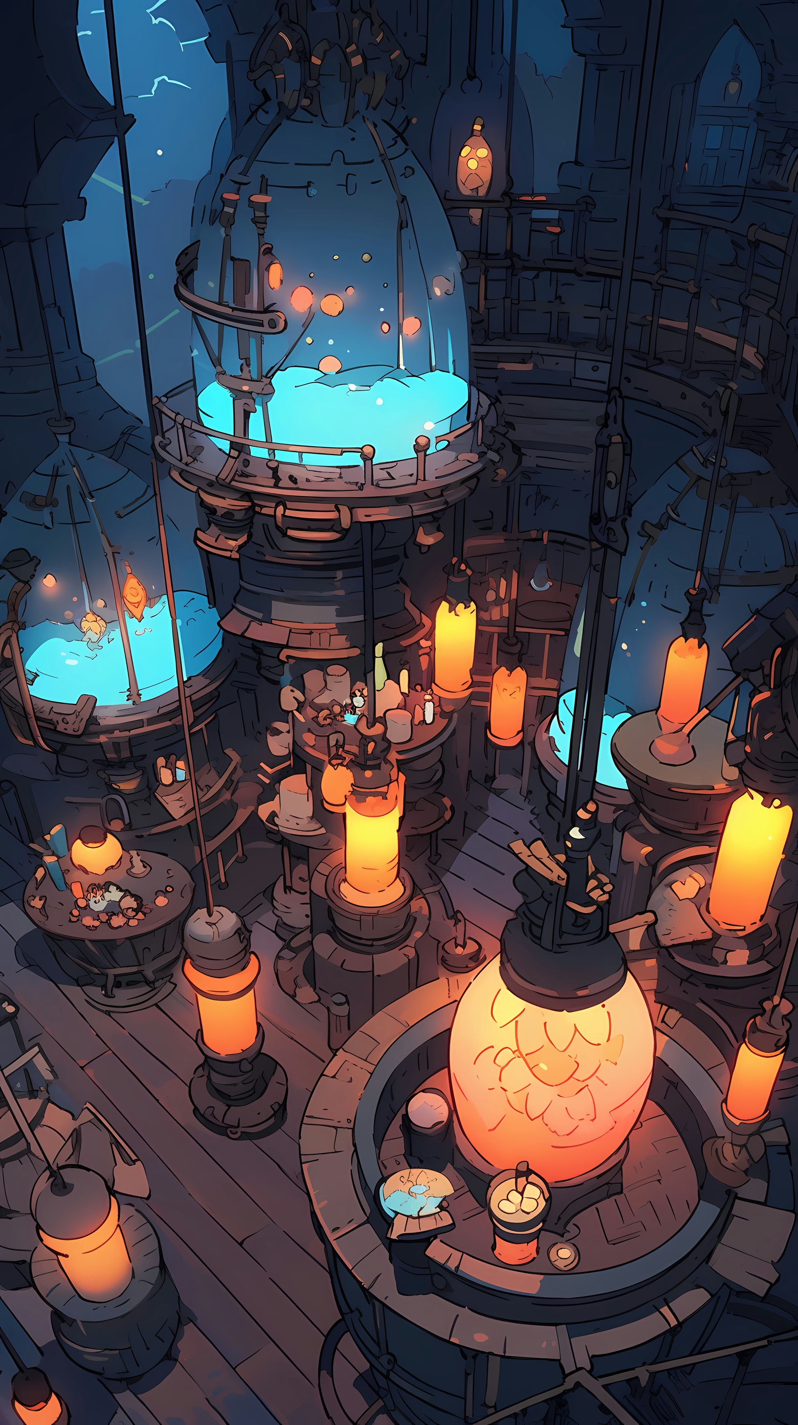 This anime wallpaper depicts an ancient alchemist's lab filled with mysterious potions and symbols