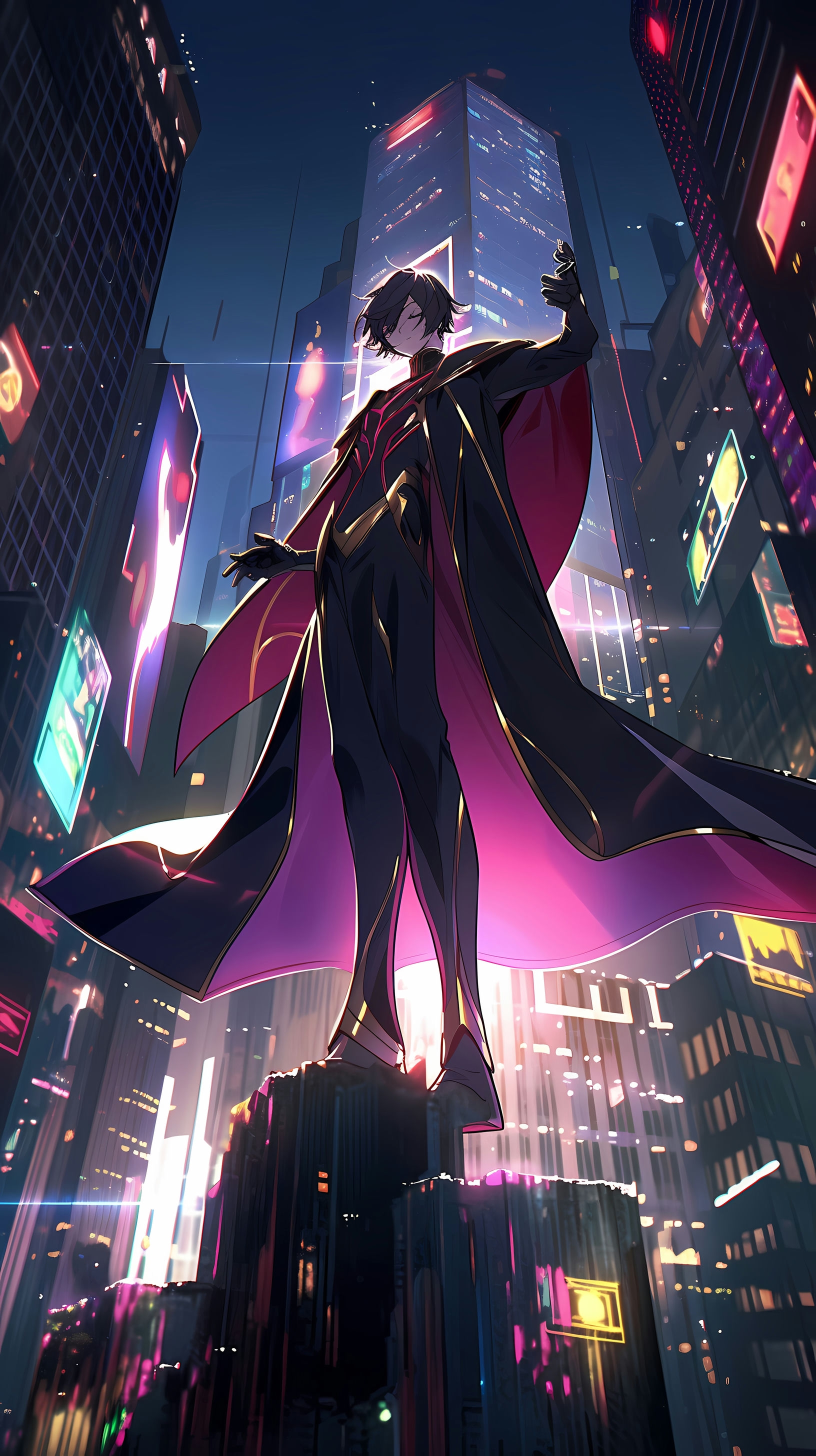 This anime wallpaper features Lelouch Lamperouge, the iconic protagonist from Code Geass, standing triumphantly atop a futuristic cityscape