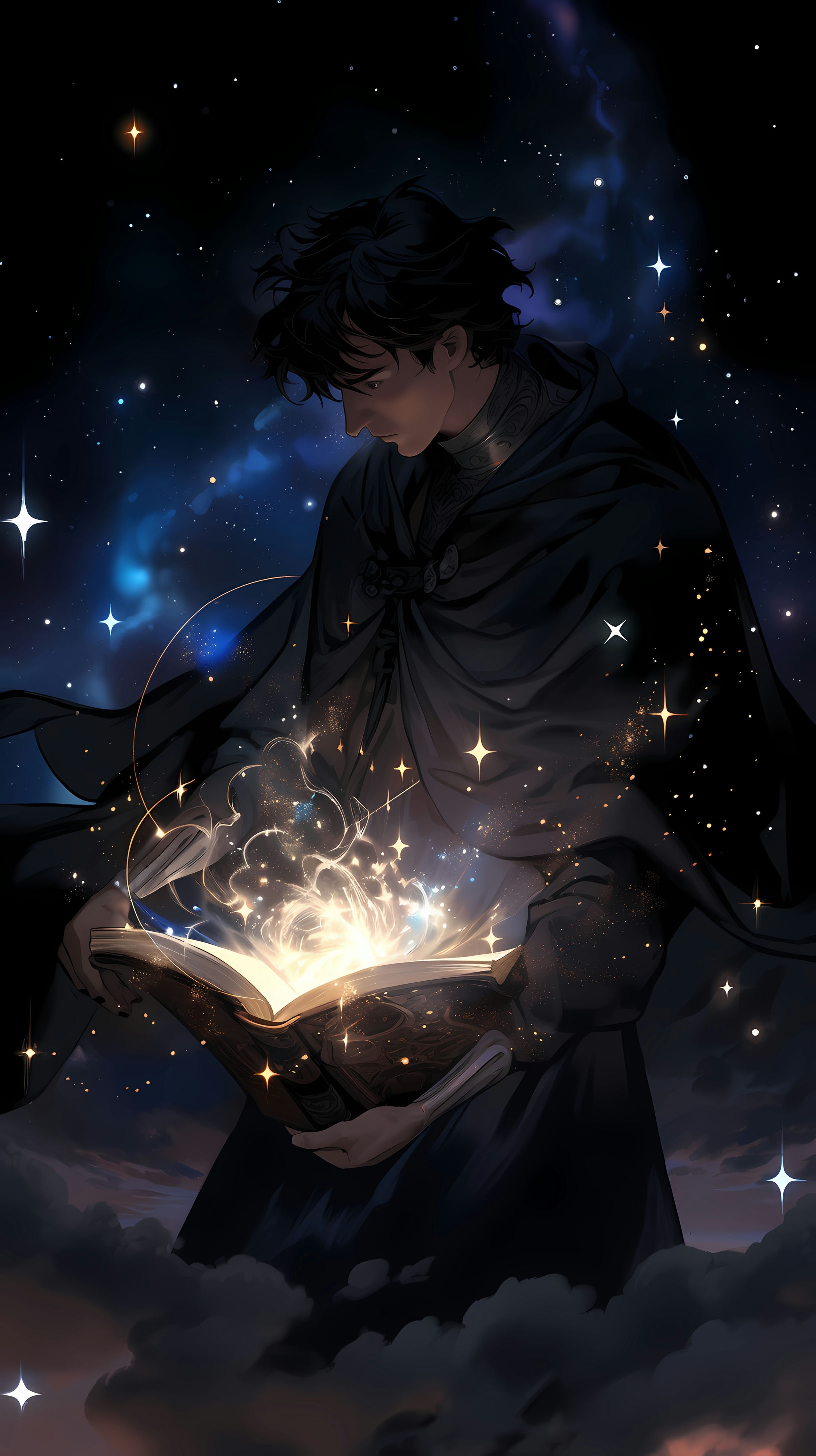 This enchanting anime wallpaper depicts a mystical scene featuring Merlin, the legendary sorcerer, casting spells under a starry night sky