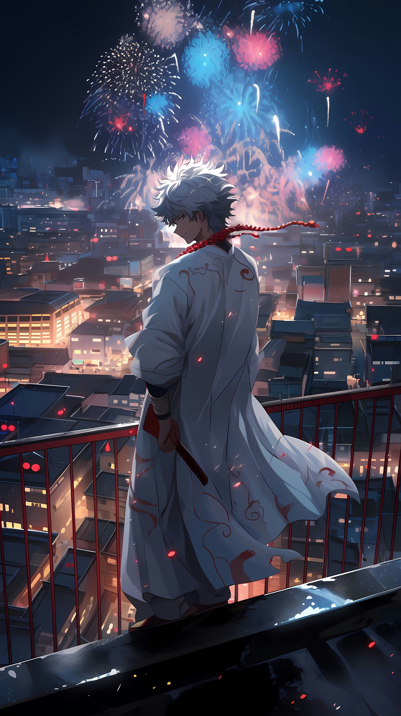 This captivating anime wallpaper features Gintoki Sakata, the iconic protagonist from Gintama, standing on the edge of a rooftop in the bustling city of Edo at night