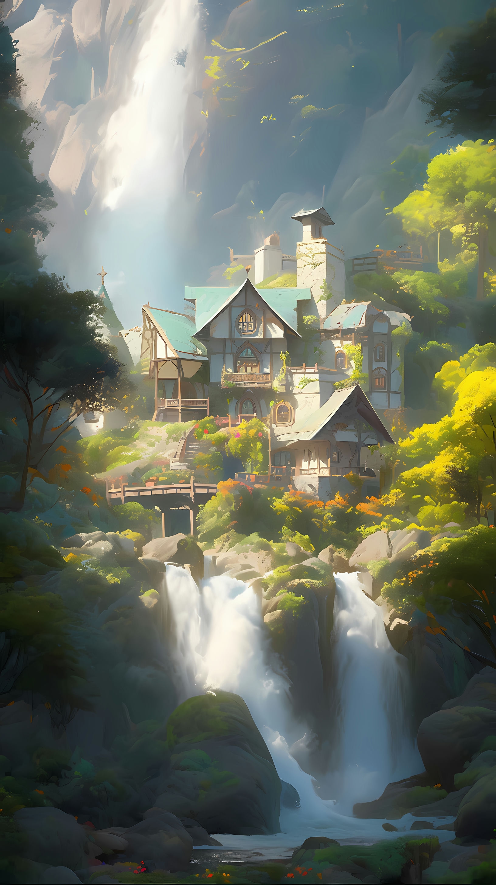 This enchanting anime wallpaper captures the serene beauty of Rivendell, a mystical elven sanctuary nestled in a lush, verdant valley