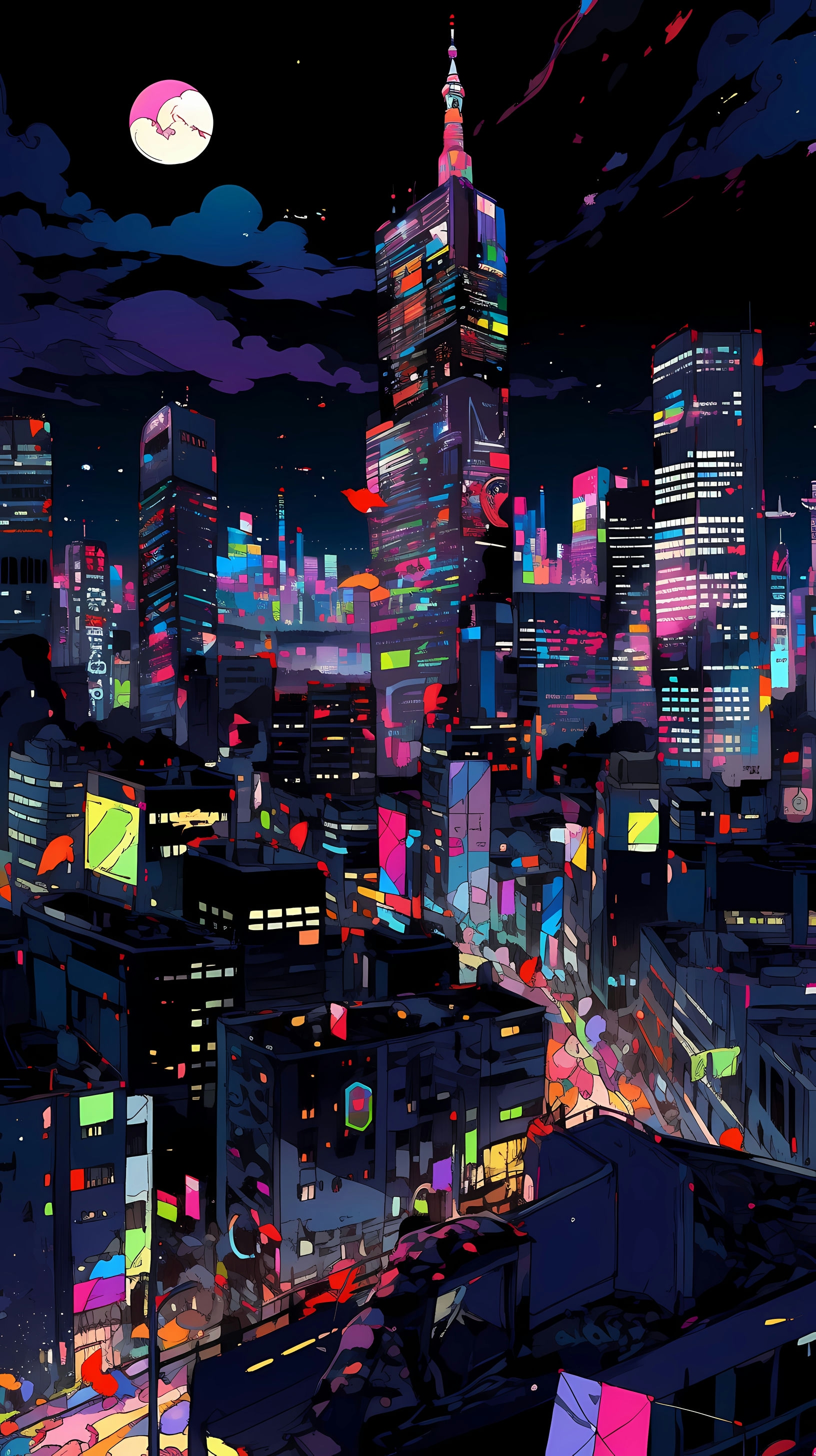 This anime wallpaper captures the vibrant and mysterious essence of Ikebukuro's cityscape under the moonlight