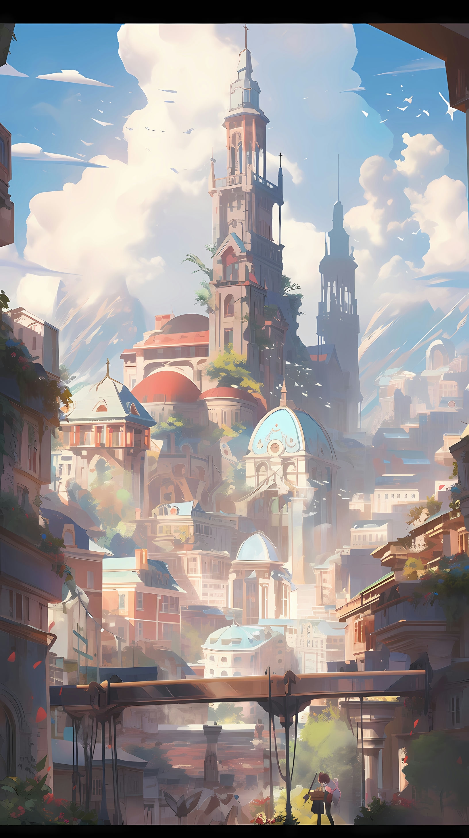This anime wallpaper captures a breathtaking panoramic view of a grand cityscape