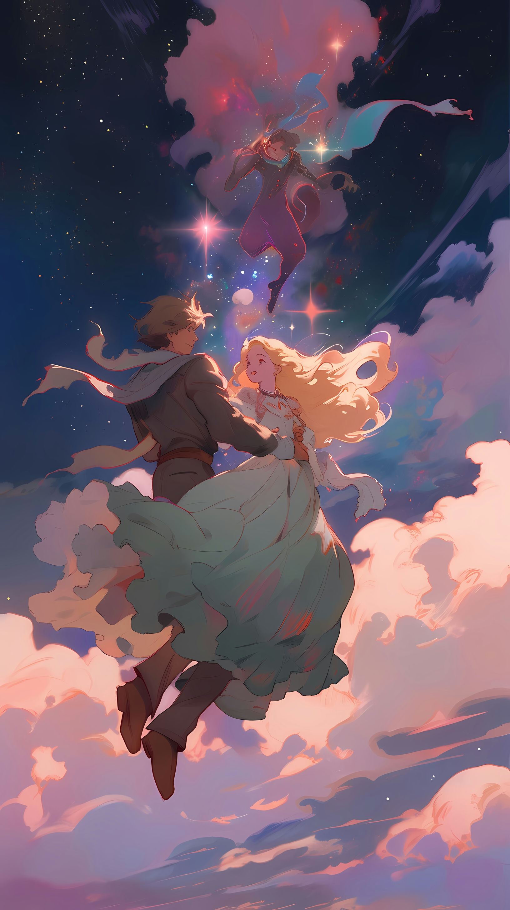 This enchanting anime wallpaper captures the magical journey of Howl and Sophie, characters from the beloved Studio Ghibli film 'Howl's Moving Castle