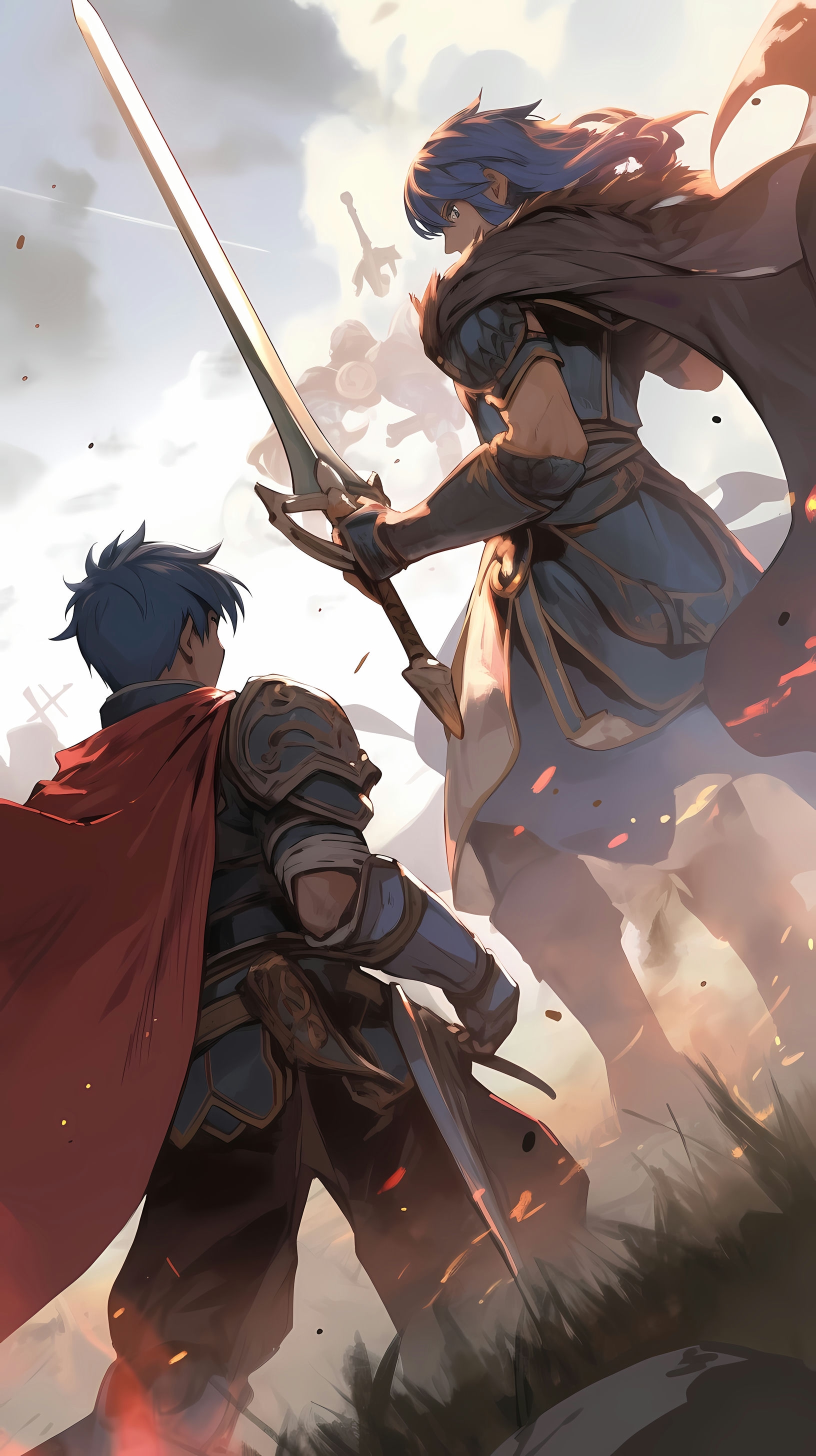 This anime wallpaper captures an intense battle scene from the Fire Emblem series