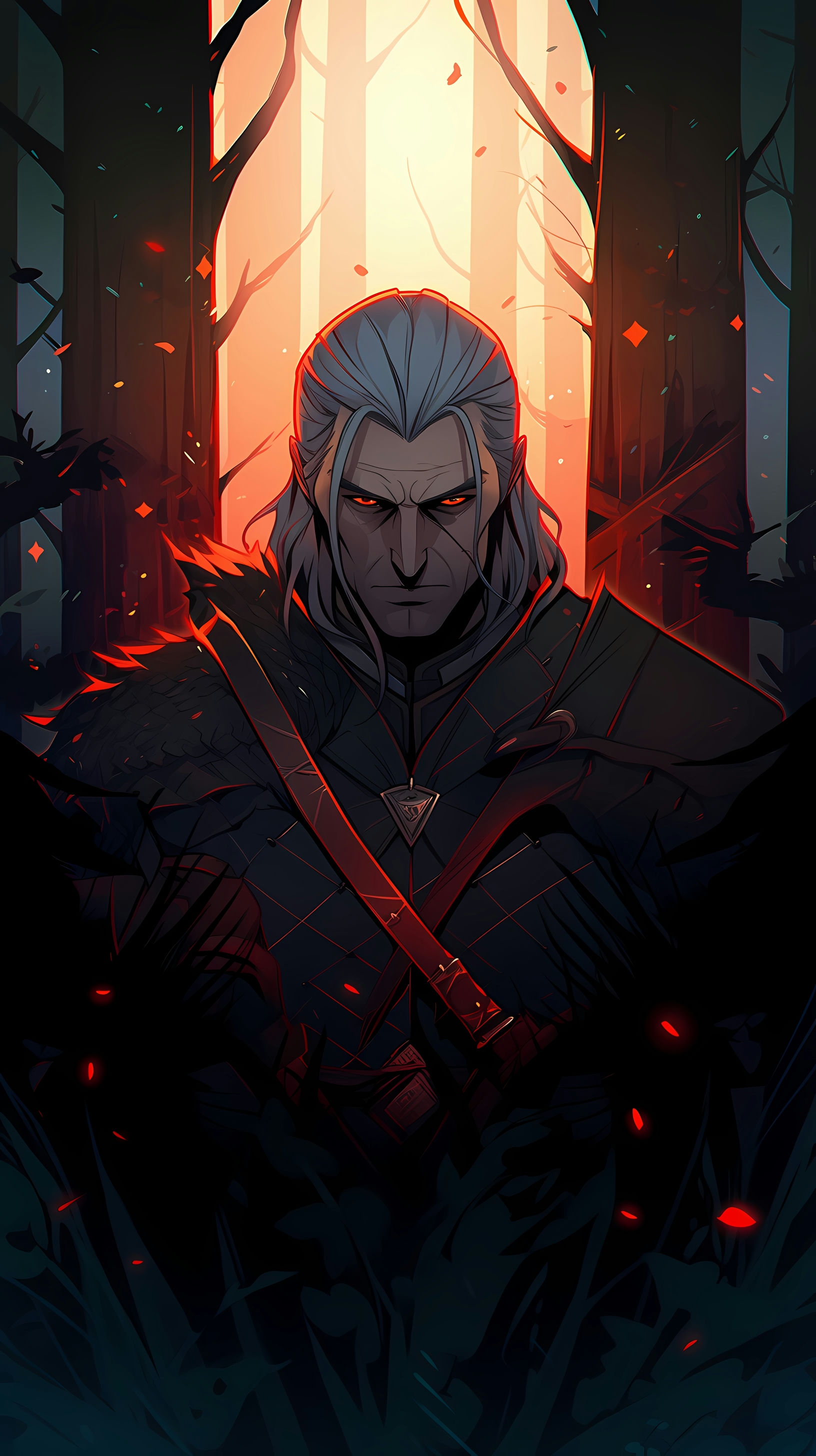 This captivating anime wallpaper features Geralt of Rivia, the iconic protagonist from The Witcher series, standing resolutely in a dark, enchanted forest
