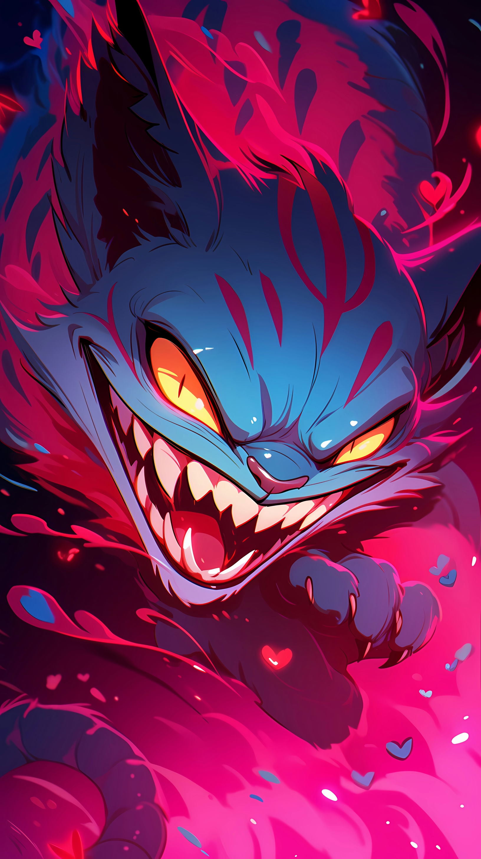 This anime wallpaper features a vivid and menacing depiction of the Cheshire Cat from Alice in Wonderland