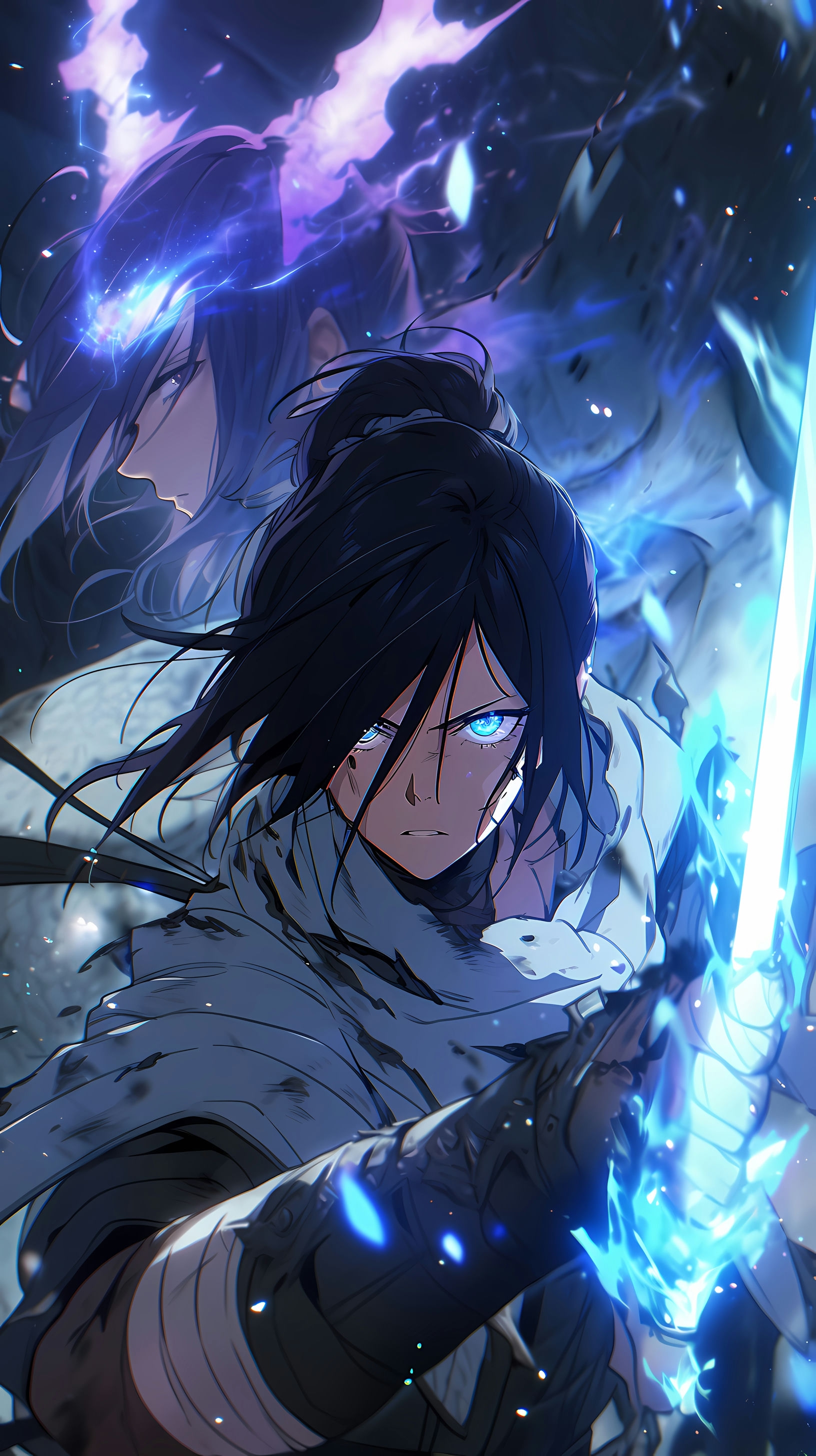 This anime wallpaper captures a dramatic moment from the series 'Noragami,' featuring the characters Yato and Bishomon amidst a celestial battle