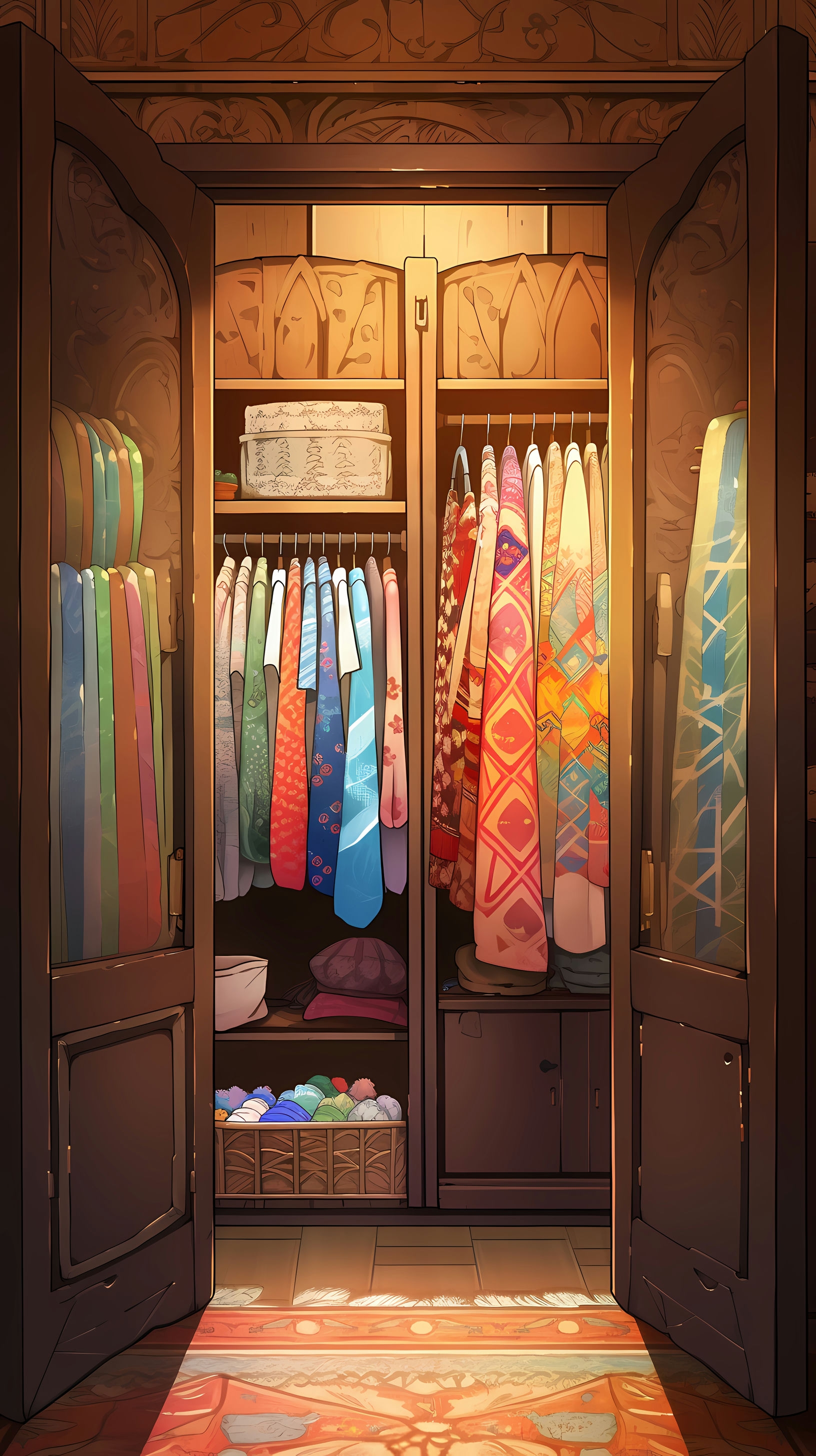 This enchanting anime wallpaper depicts a magical wardrobe that opens to reveal a vibrant and mystical world