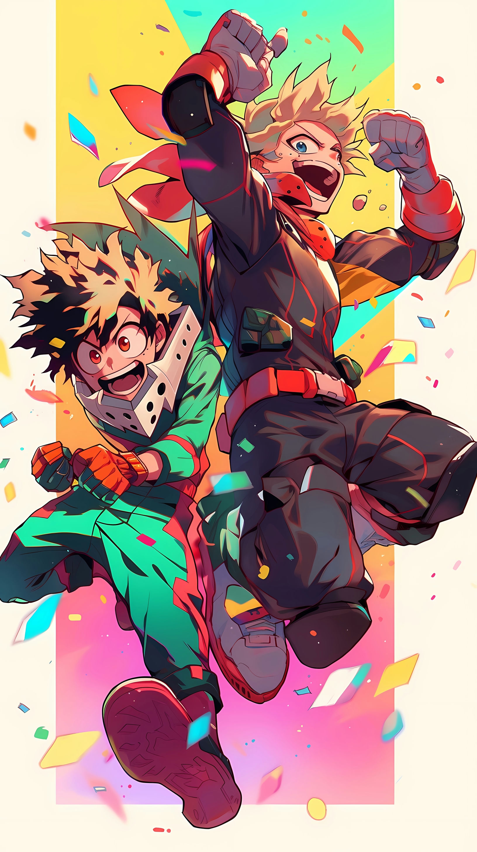 This vibrant anime wallpaper captures the iconic duo, Izuku Midoriya (Deku) and All Might, from the popular series 'My Hero Academia