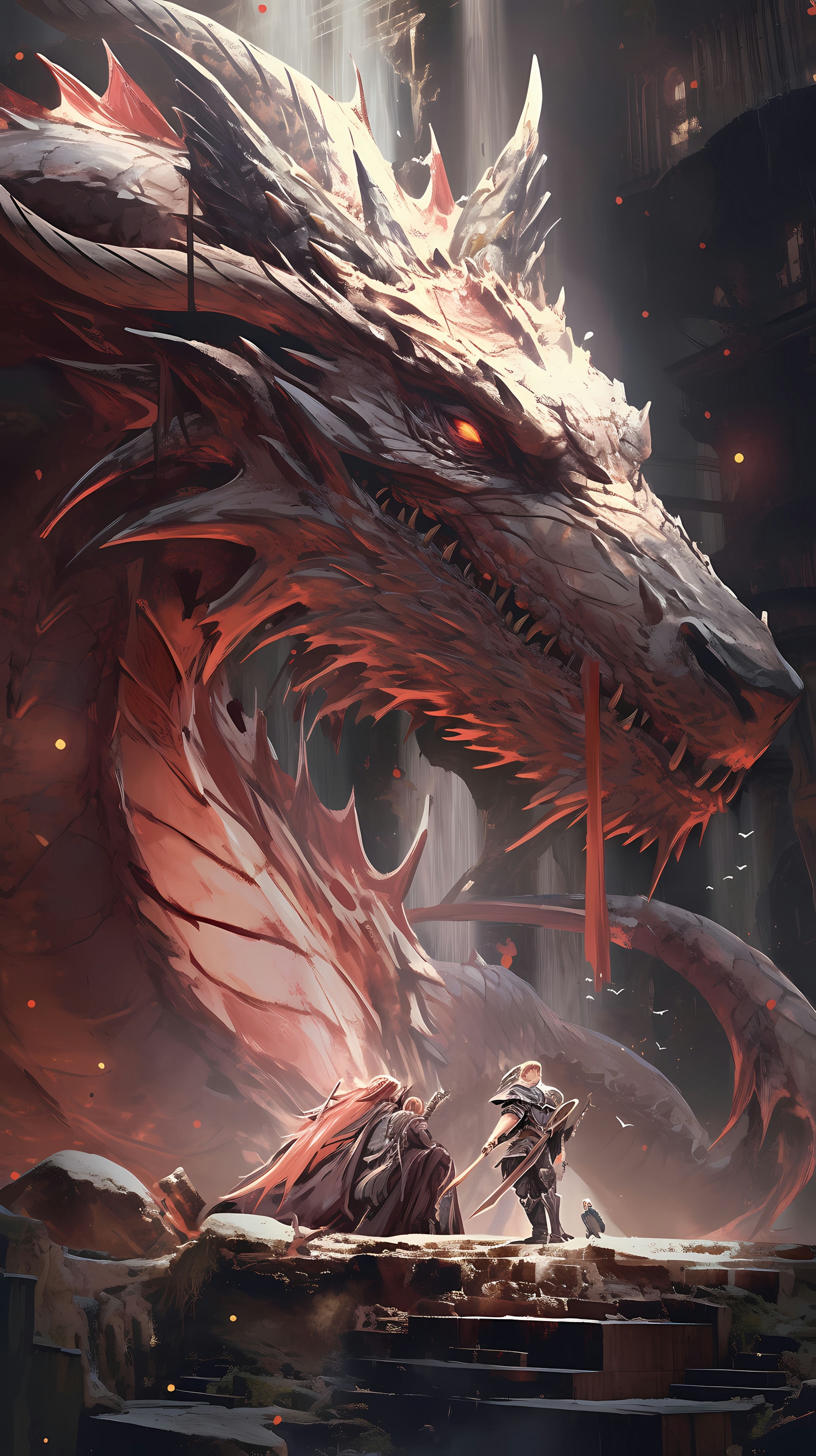 This stunning anime wallpaper captures a majestic red dragon in its lair, exuding an aura of power and mystique