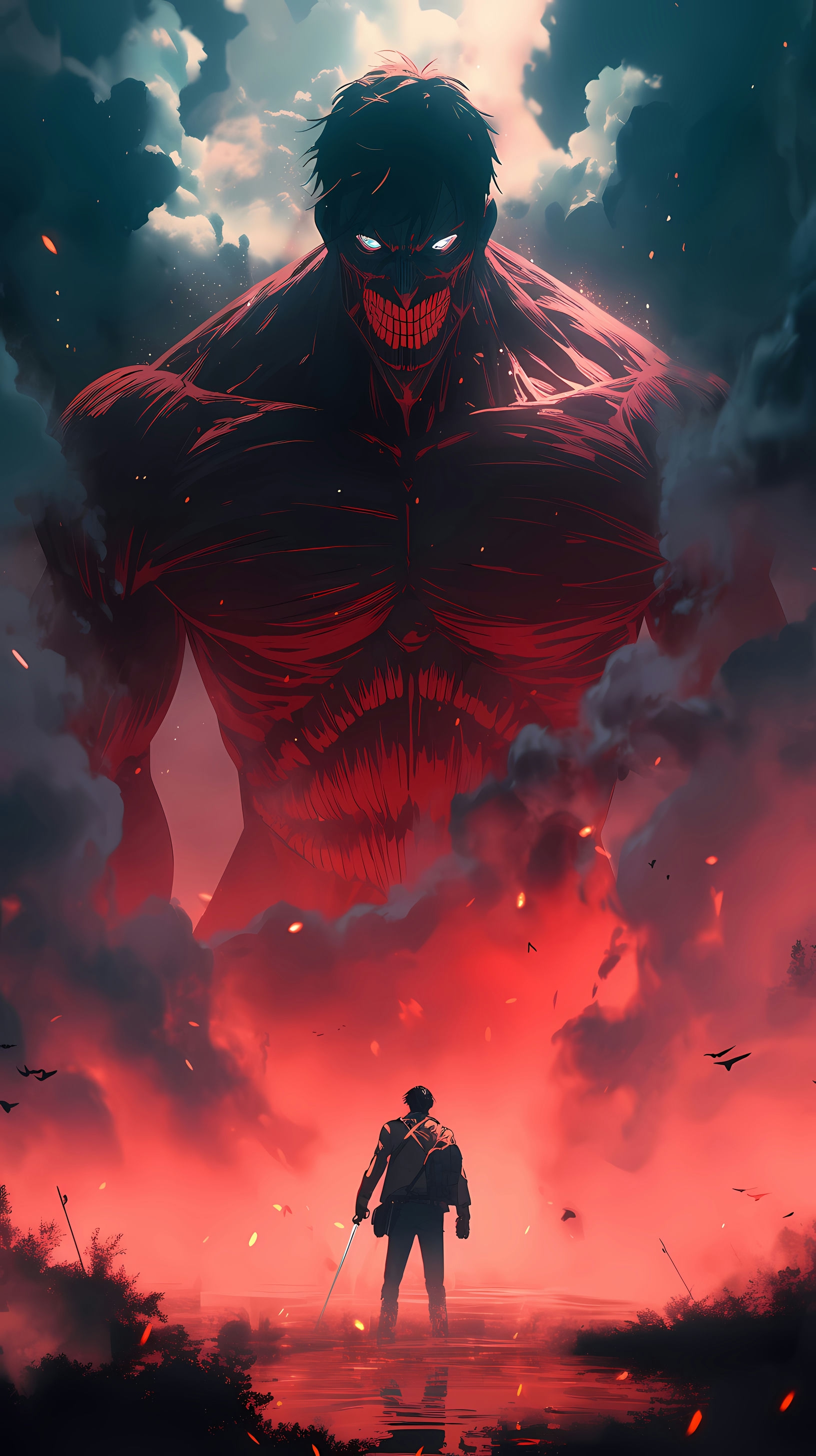 This anime wallpaper captures a dramatic scene from 'Attack on Titan,' featuring the protagonist Eren Yeager standing defiantly against a towering Colossal Titan