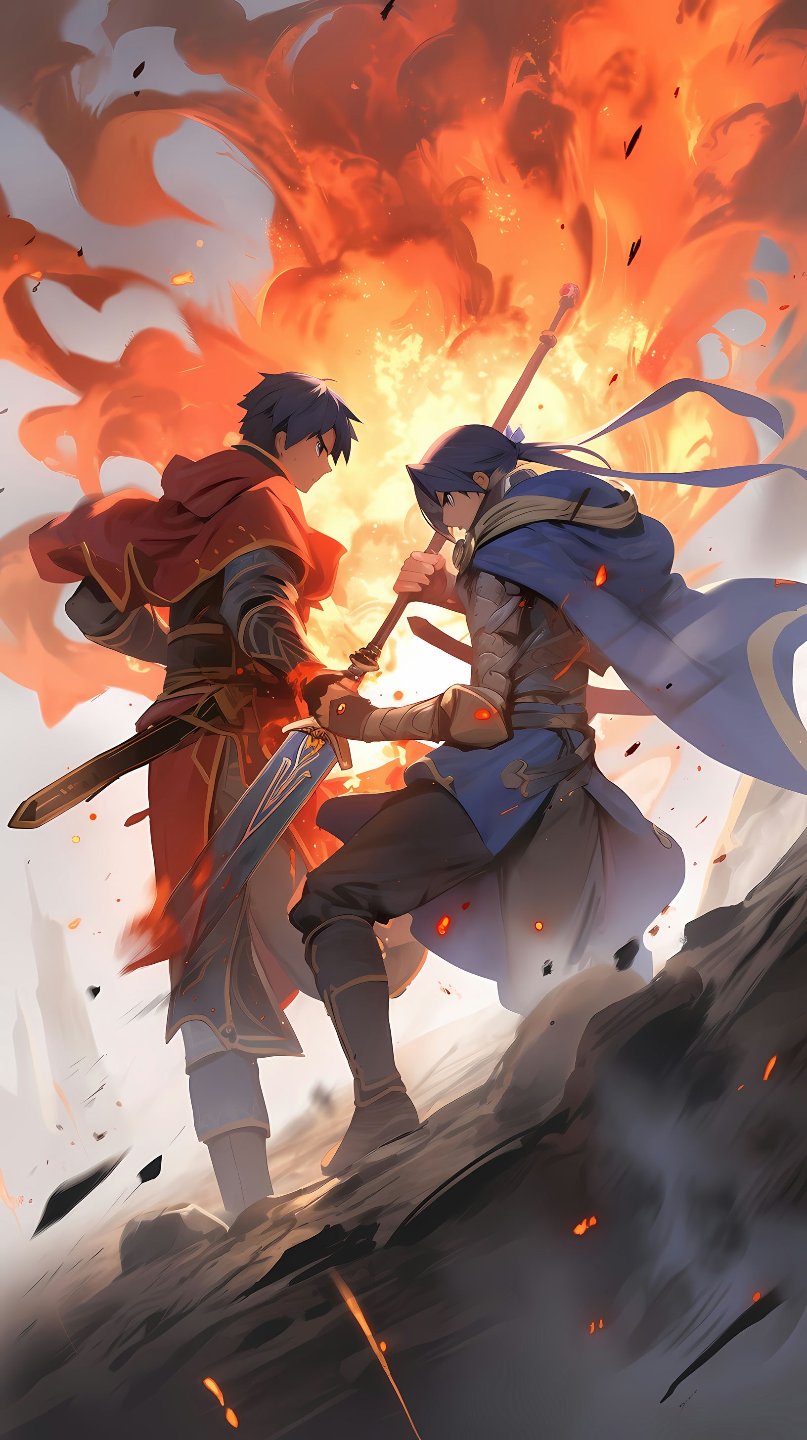 This anime wallpaper captures an intense battle scene featuring Marth and Ike from the Fire Emblem series