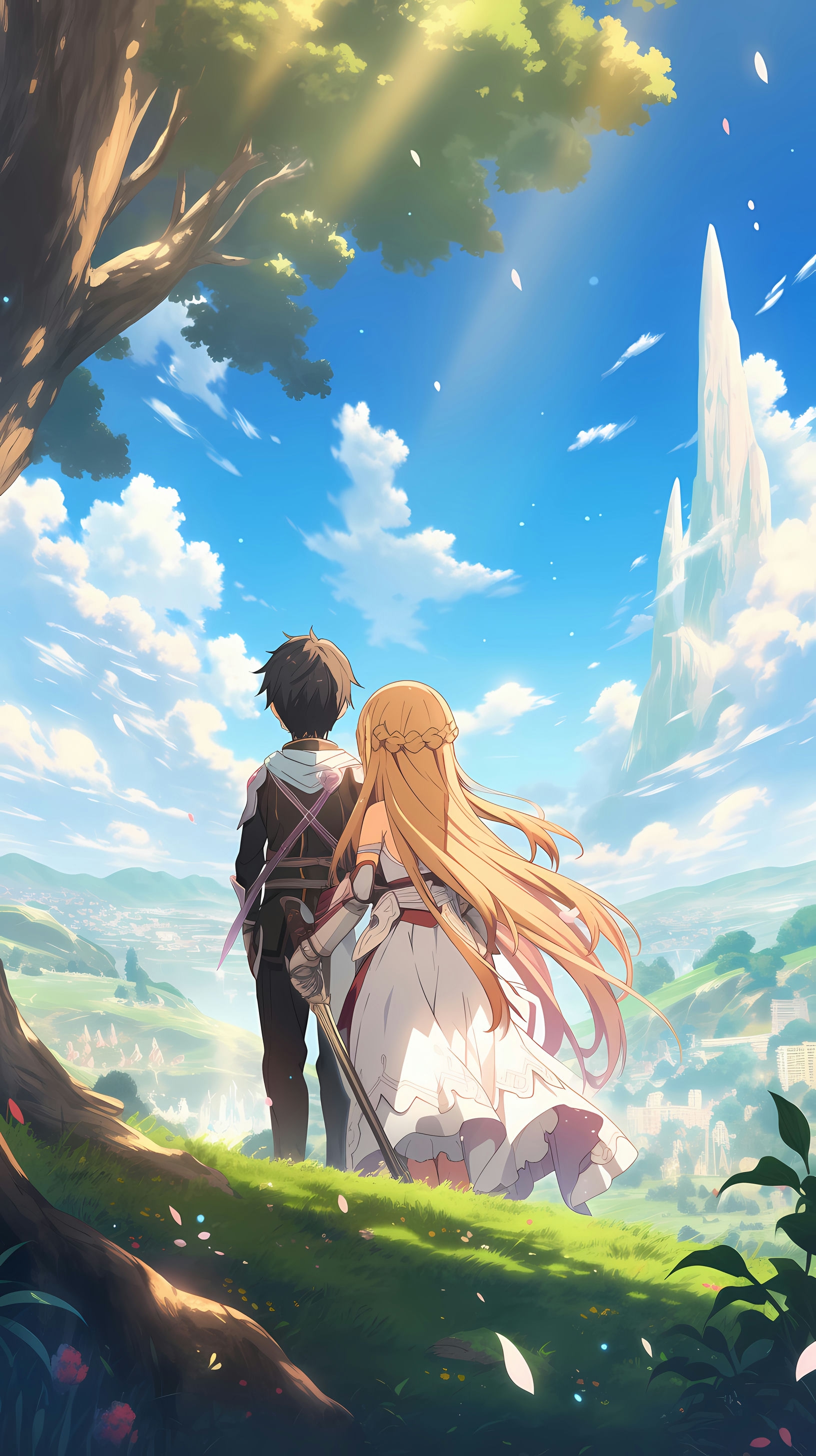 This captivating anime wallpaper features Kirito and Asuna, two iconic characters from Sword Art Online, standing on a lush green hilltop