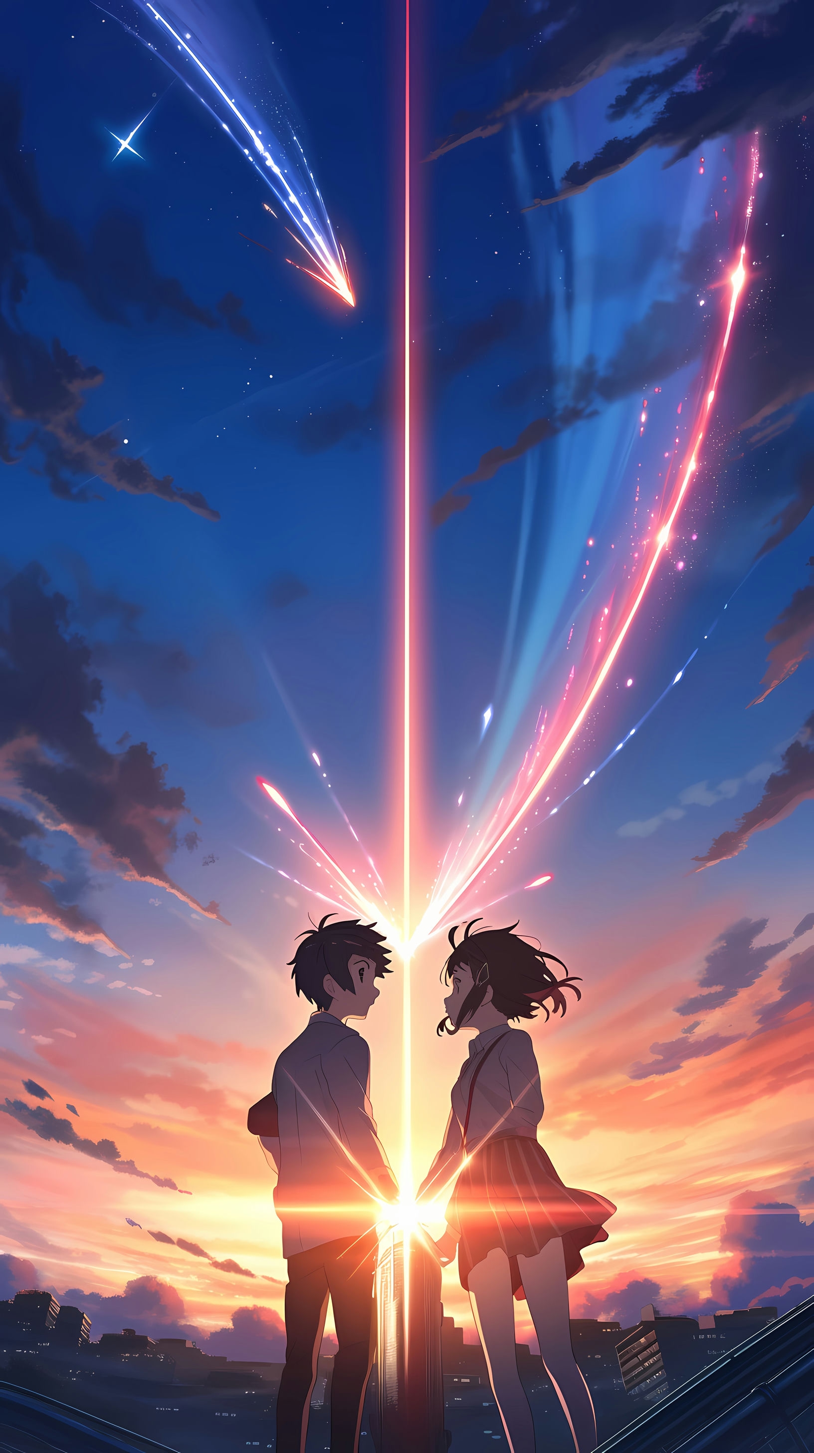 This captivating anime wallpaper features Mitsuha and Taki, two main characters from the beloved film 'Your Name,' standing together under a breathtaking night sky illuminated by a radiant comet