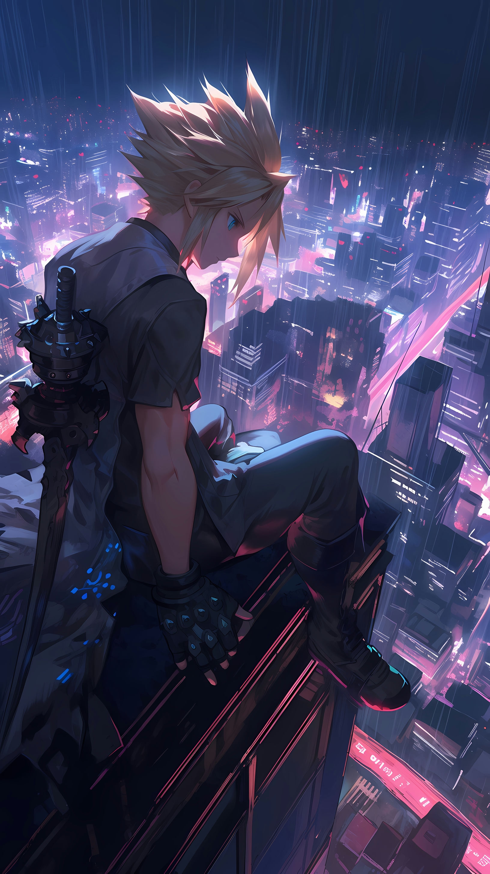 This anime wallpaper features Cloud Strife, a prominent character from Final Fantasy VII, standing atop a futuristic cityscape