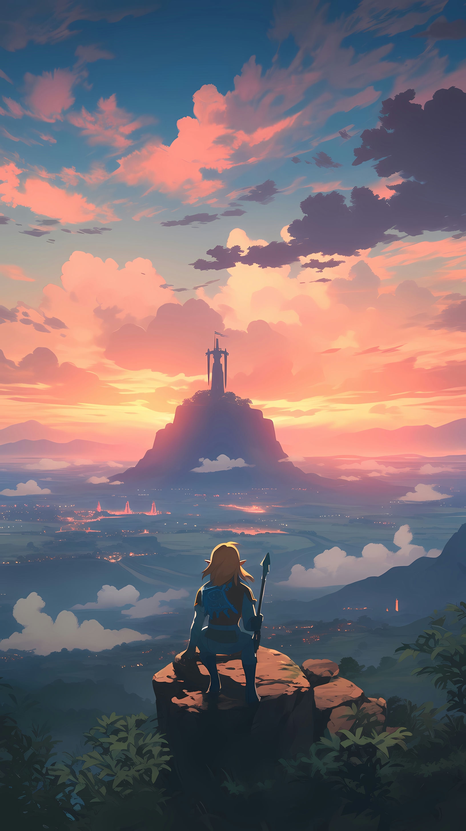 This captivating anime wallpaper features the iconic character Link from The Legend of Zelda, standing atop a rocky outcrop as he gazes over the sprawling kingdom of Hyrule during a breathtaking sunset