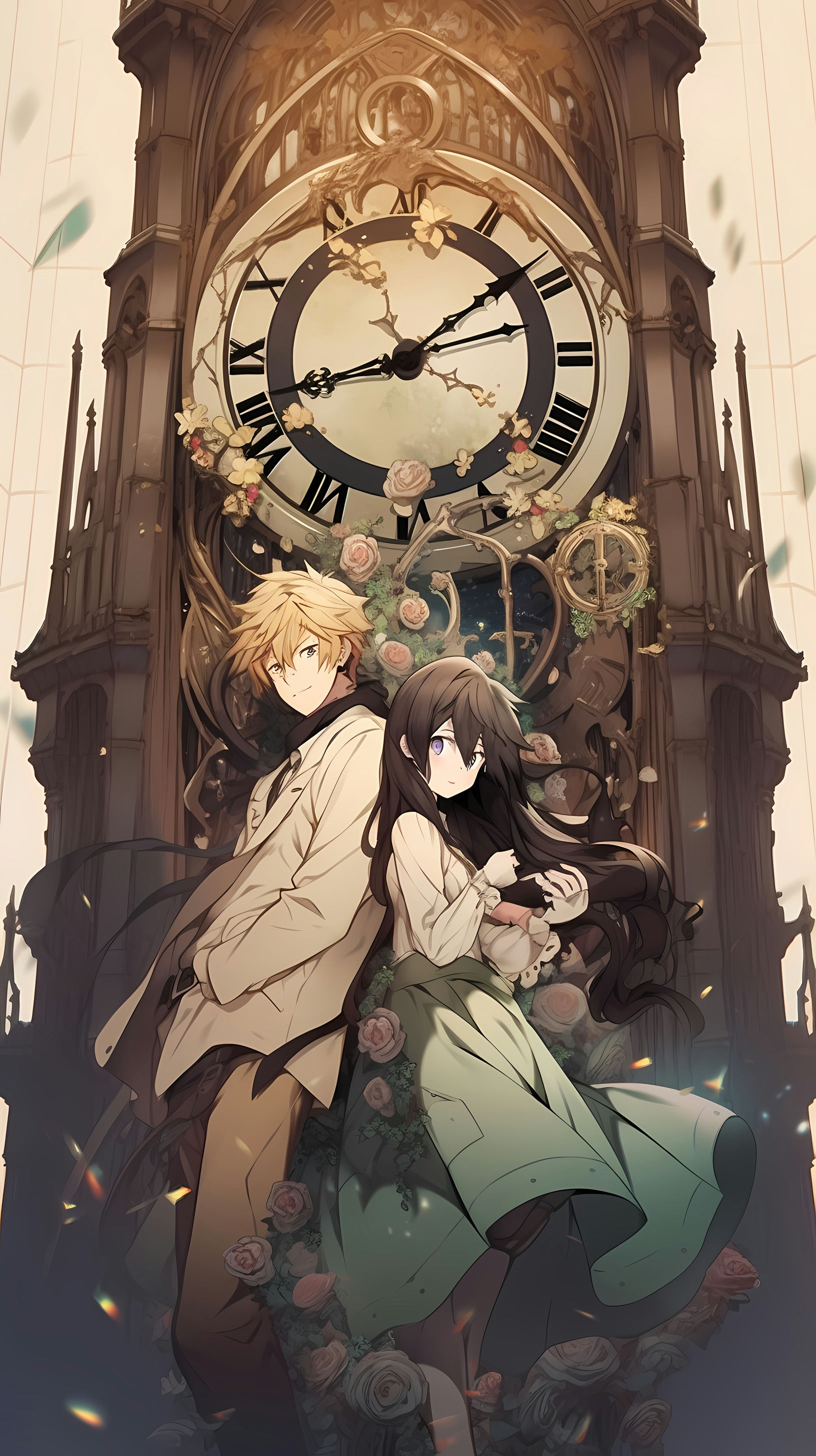 This enchanting anime wallpaper captures a whimsical moment between two iconic characters, Oz and Alice, standing before a grand clock tower in the mystical world of Pandora